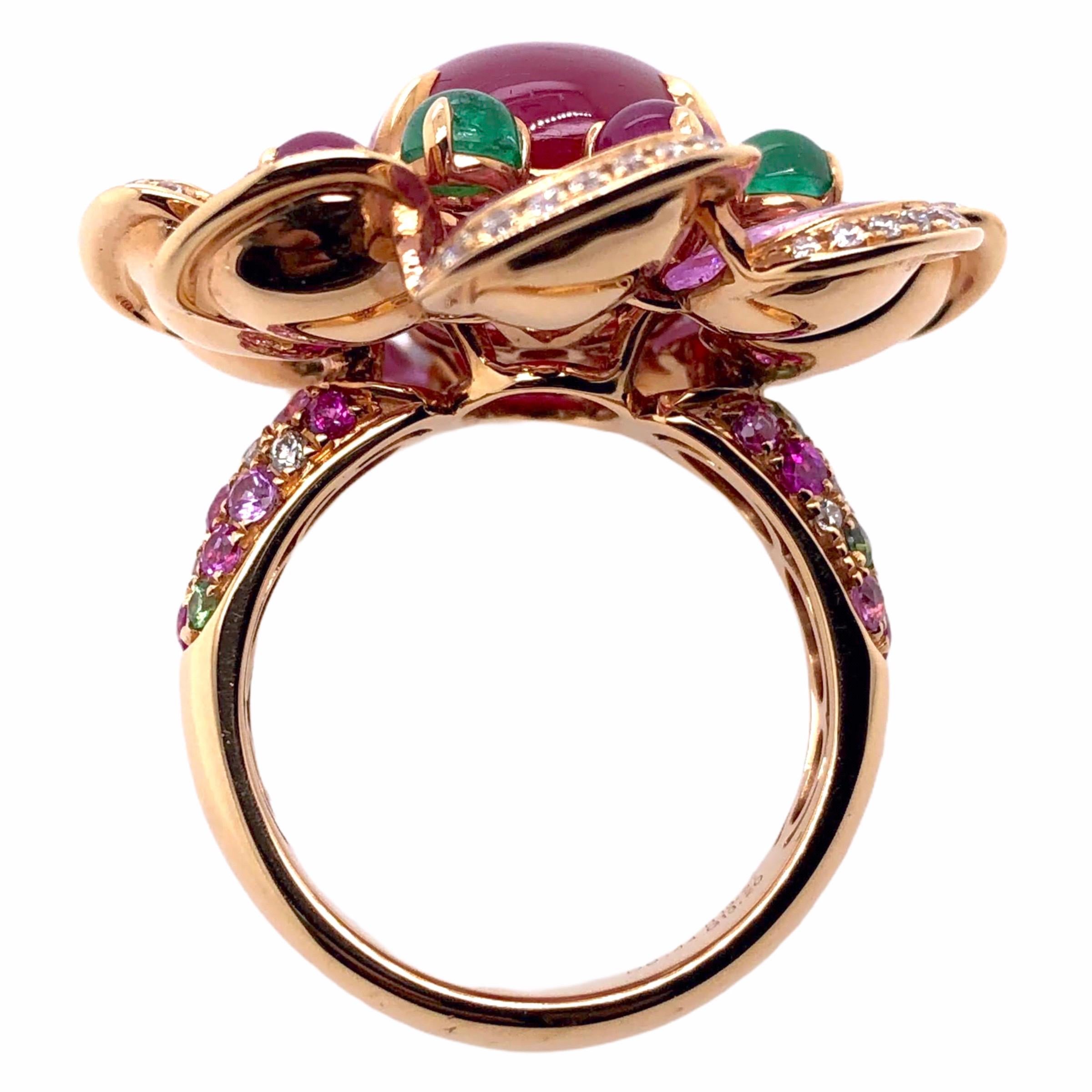 Modern Paris Craft House 13.51 Carat Cabochon Ruby Sapphire Emerald Diamond Flower Ring For Sale