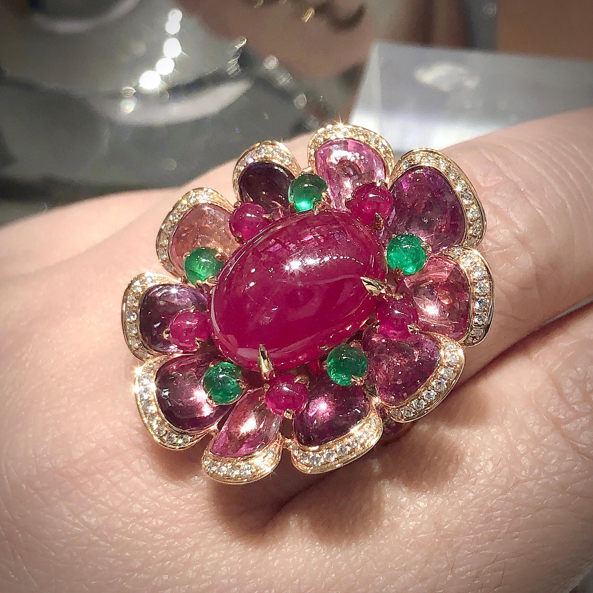 Women's or Men's Paris Craft House 13.51 Carat Cabochon Ruby Sapphire Emerald Diamond Flower Ring For Sale