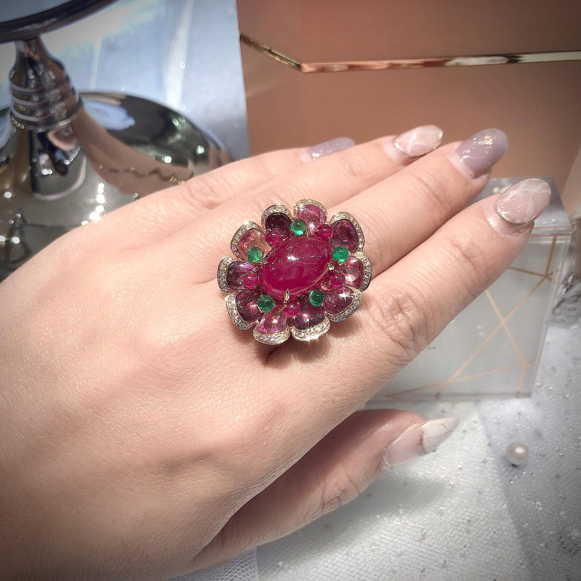 Paris Craft House 13.51 Carat Cabochon Ruby Sapphire Emerald Diamond Flower Ring For Sale 1