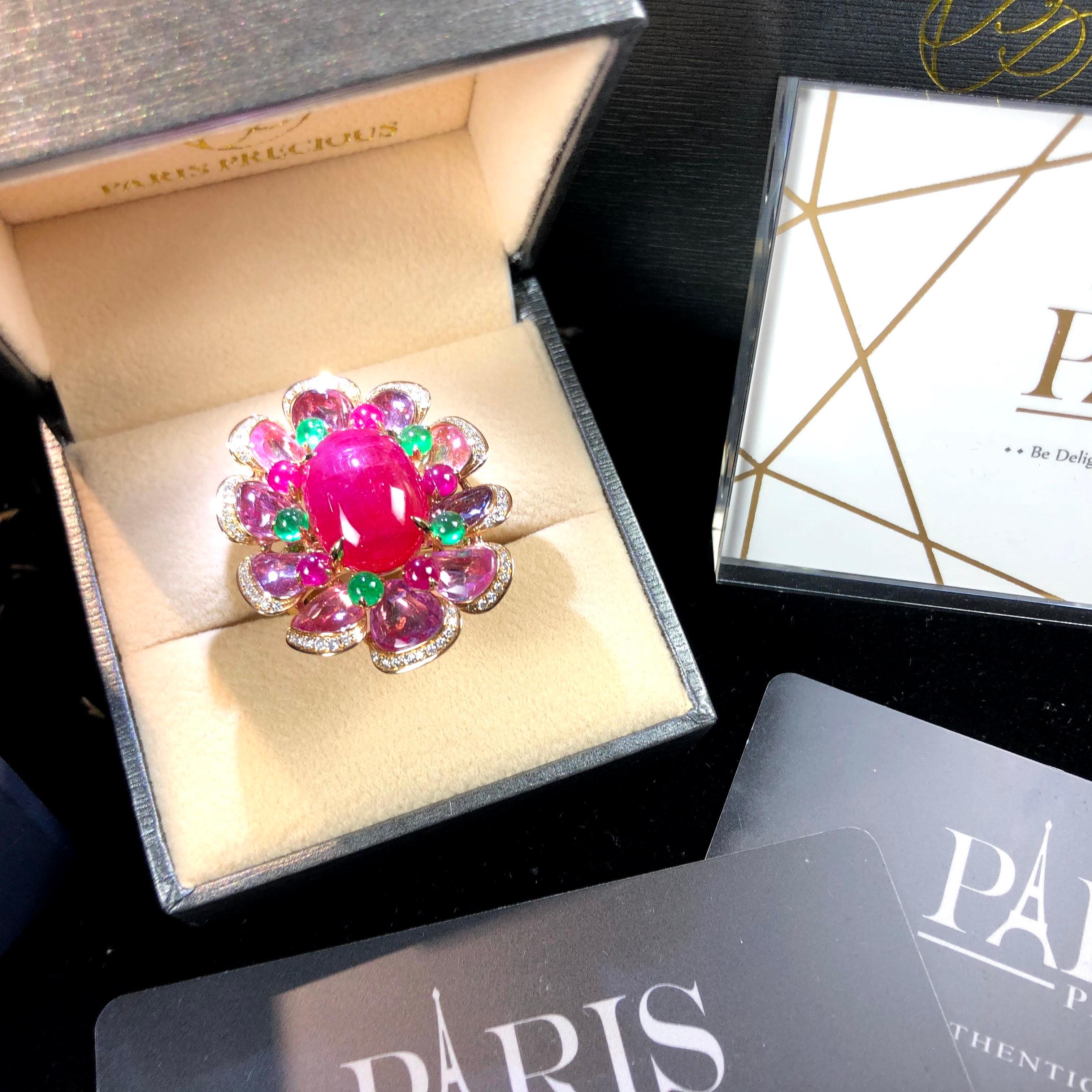 Paris Craft House 13.51 Carat Cabochon Ruby Sapphire Emerald Diamond Flower Ring For Sale 2