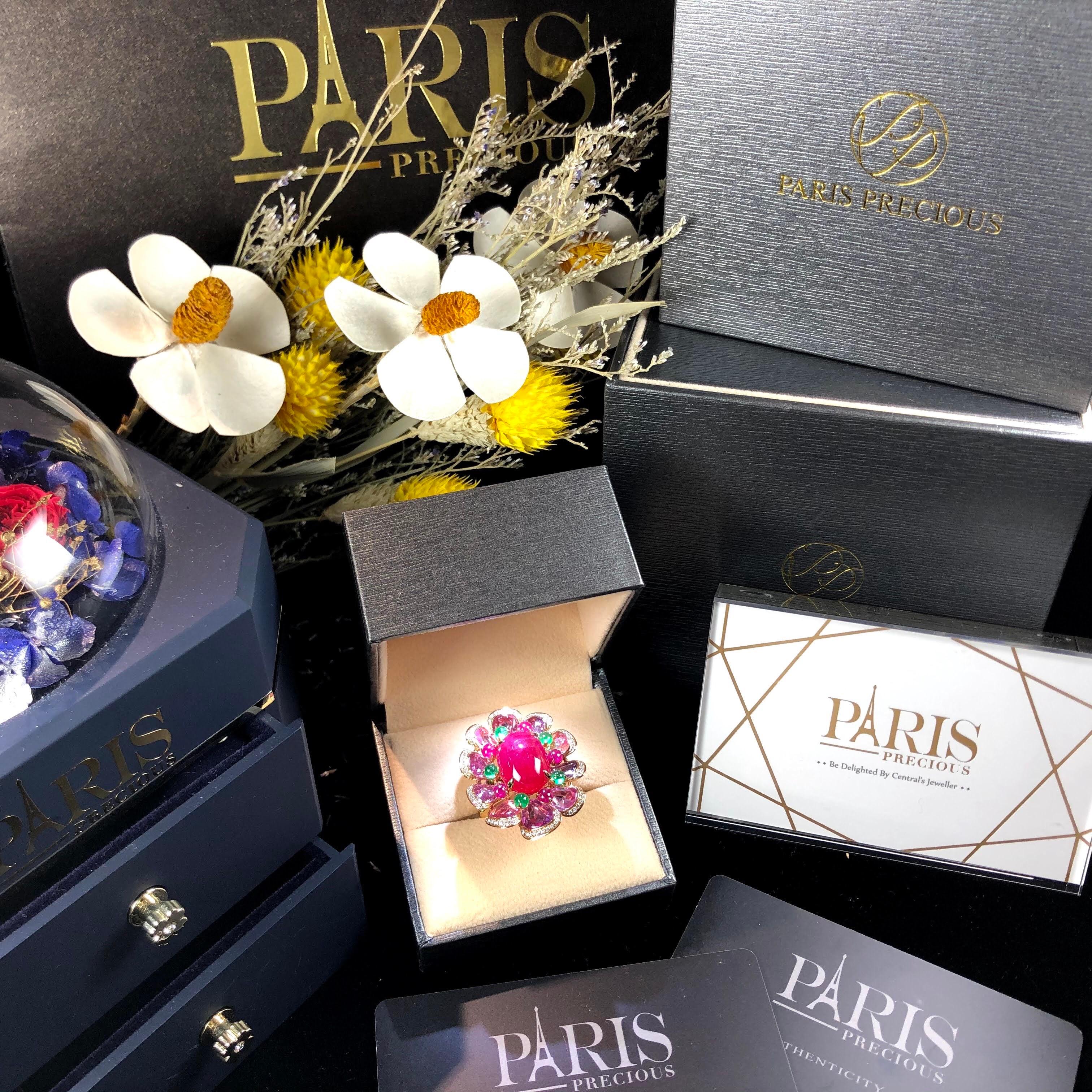 Paris Craft House 13.51 Carat Cabochon Ruby Sapphire Emerald Diamond Flower Ring For Sale 3