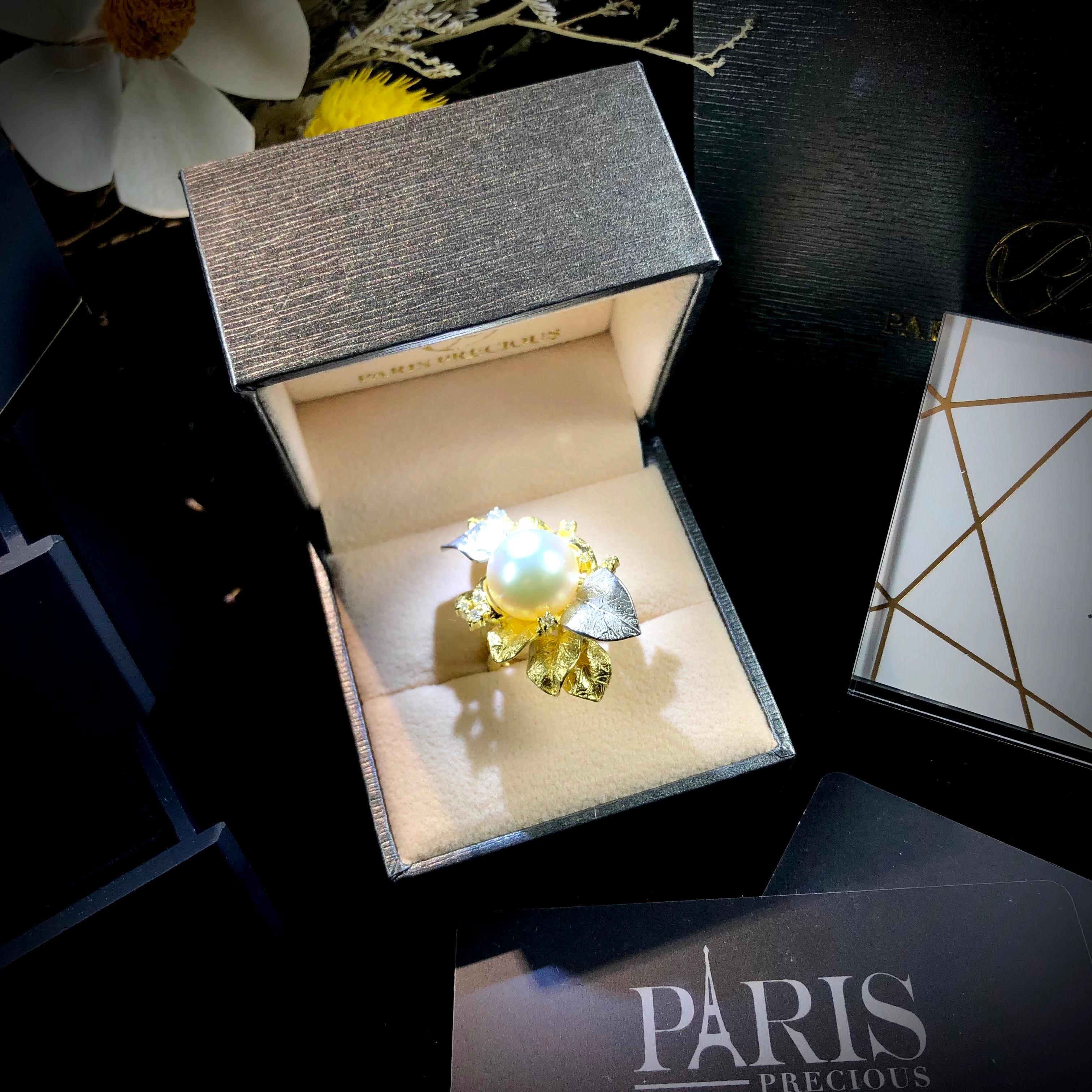 Paris Craft House Pearl Diamond Ring in 18 Karat Yellow Gold For Sale 1