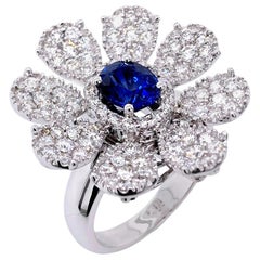 Paris Craft House 1.41 Carat Blue Sapphire Diamond Flower Ring 18 Karat Gold
