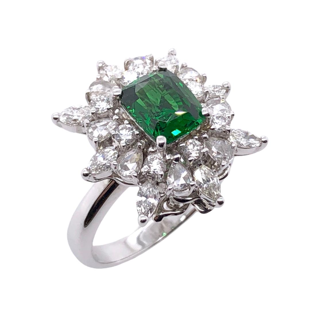 PARIS Craft House 1.56ct Tsavorite Diamond Ring in 18 Karat White Gold. This ring and its stones are detachable and could convert into a beautiful pendant. *Chain not included*

- 1 Cushion-cut Tsavorite/1.56ct
- 8 Marquise-cut Diamonds/0.52ct
- 8
