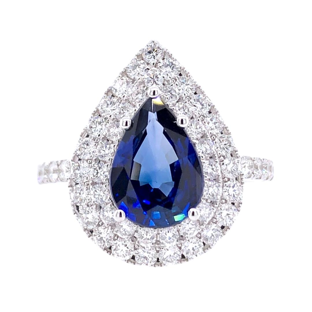 PARIS Craft House 1.85ct Blue Sapphire Diamond Cocktail Ring in 18 Karat White Gold.

- 1 Pear-cut Blue Sapphire/1.85ct
- 52 Round Diamonds/0.88ct
- 18K White Gold
- Ring size/US 6.25

Designed and crafted at PARIS Craft House.