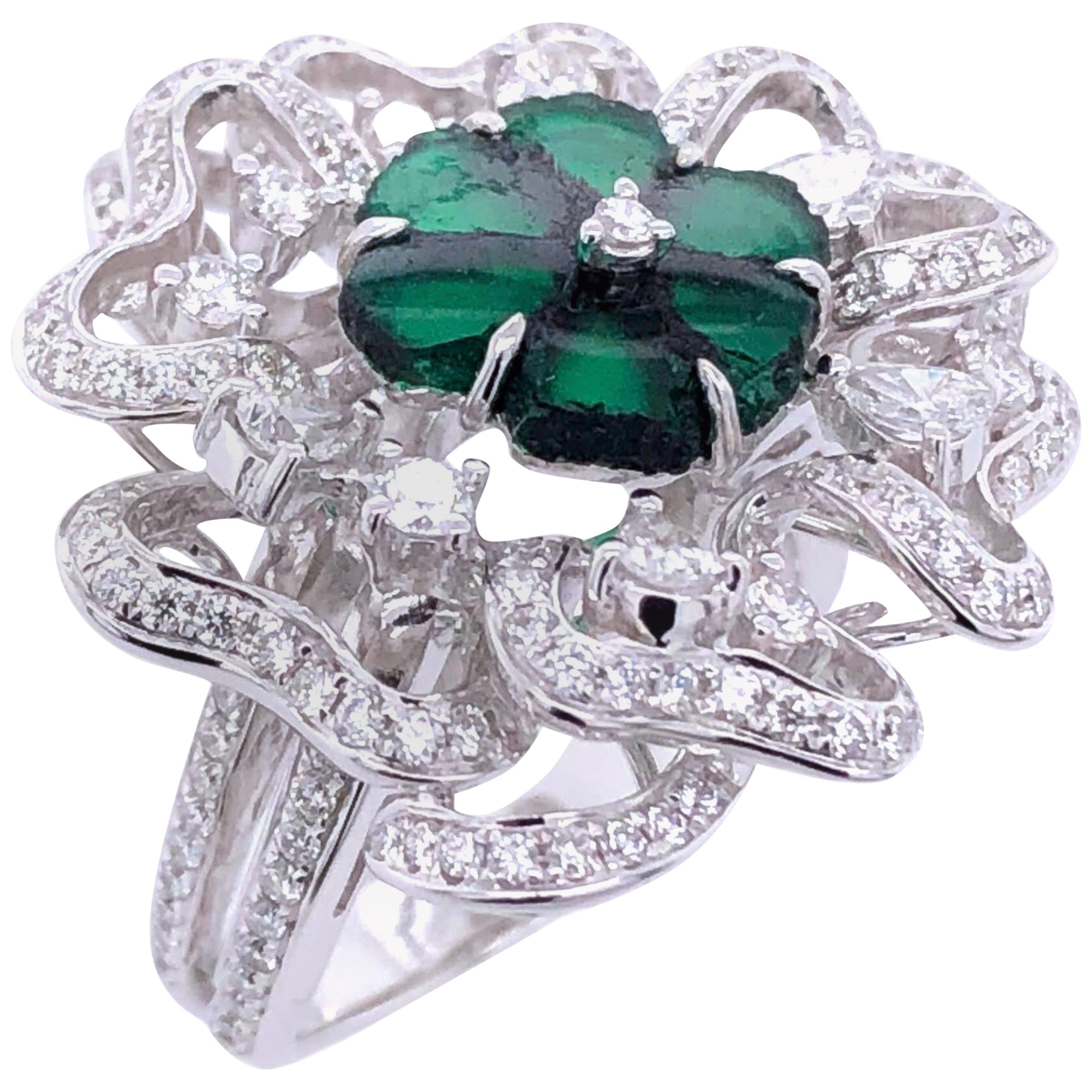 Paris Craft House 1.87ct Rough-Cut Emerald Diamond Flower Cocktail Ring in Gold For Sale
