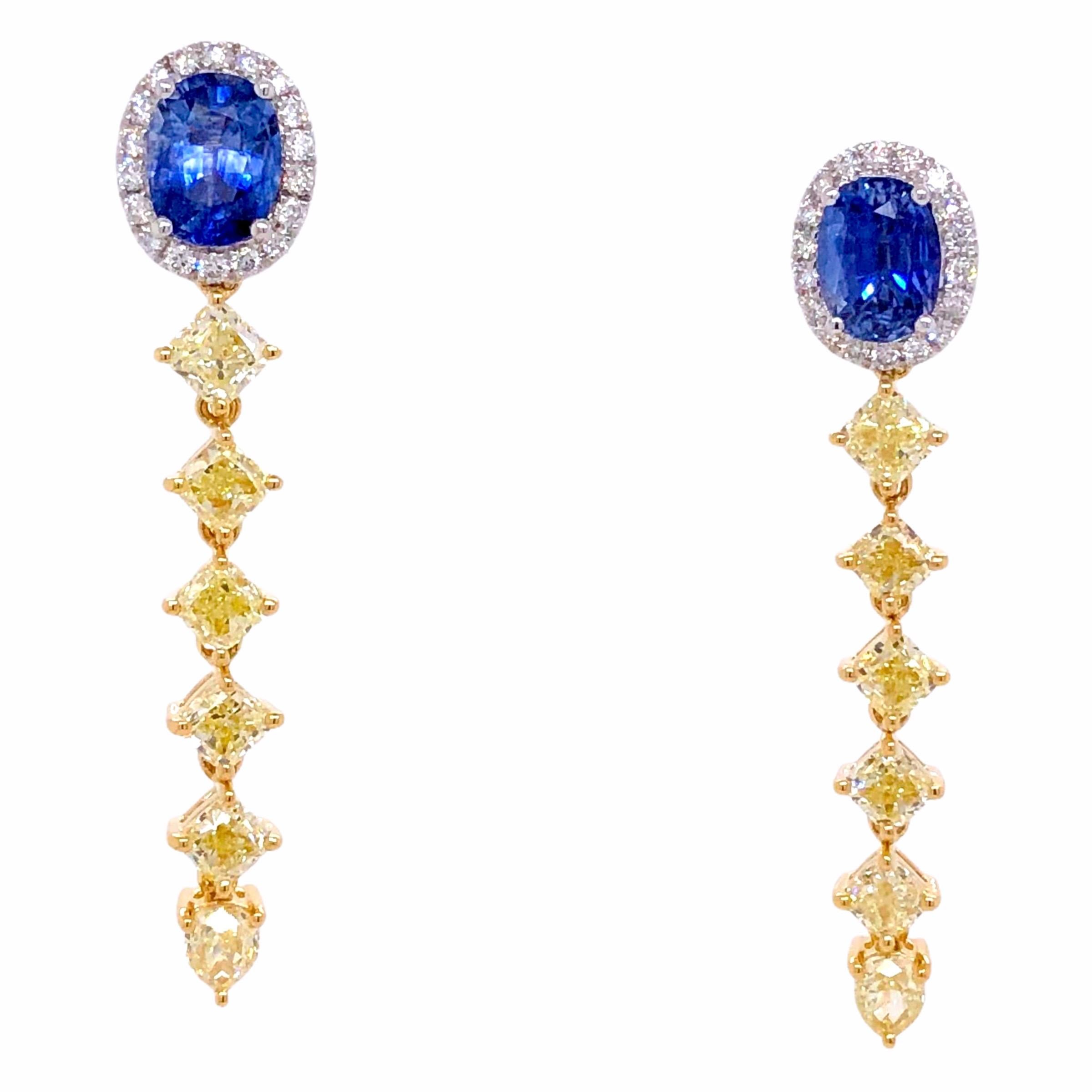 Victorian Paris Craft House 2.01ct Blue Sapphire Yellow Diamond Earrings in 18 Karat Gold For Sale
