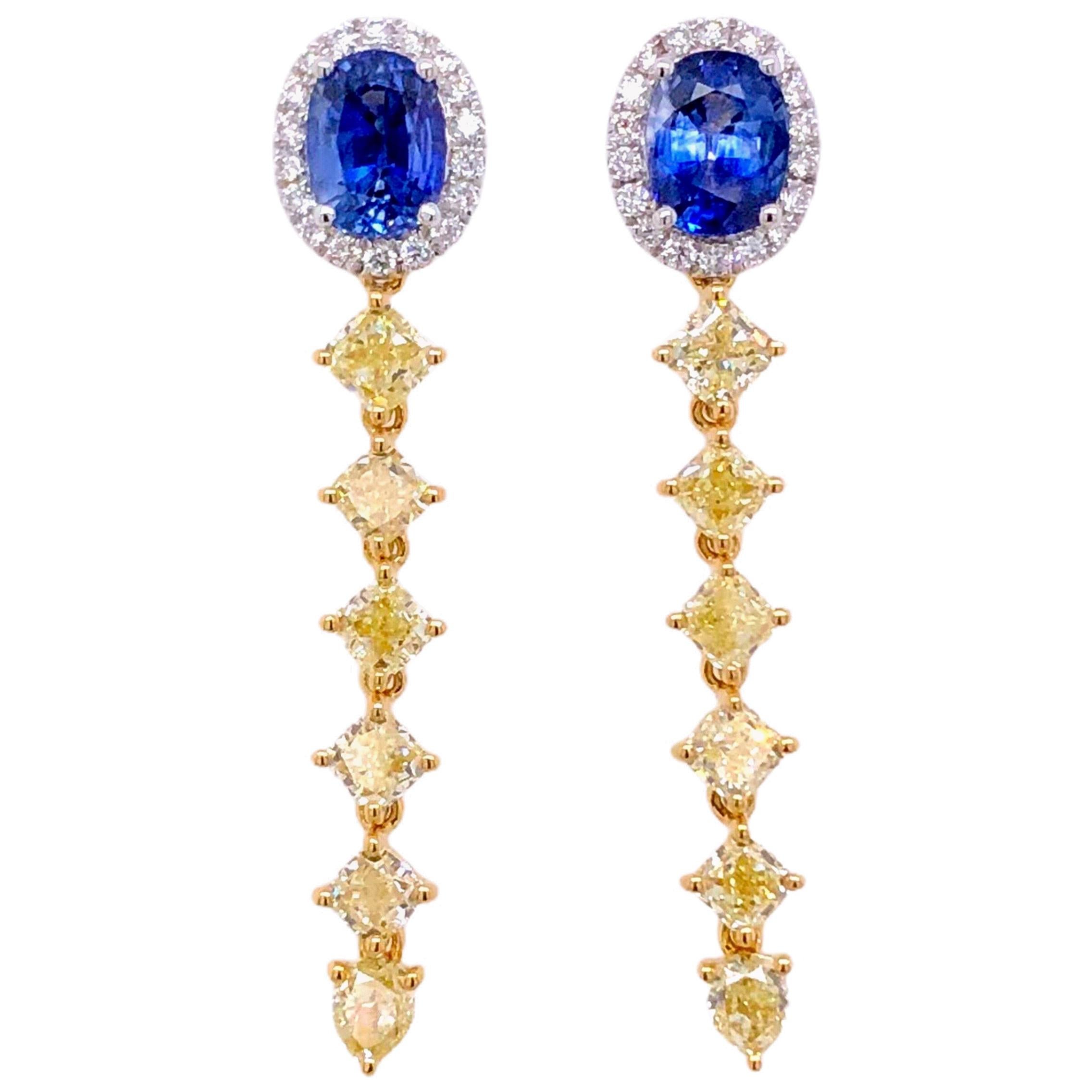 Paris Craft House 2.01ct Blue Sapphire Yellow Diamond Earrings in 18 Karat Gold For Sale