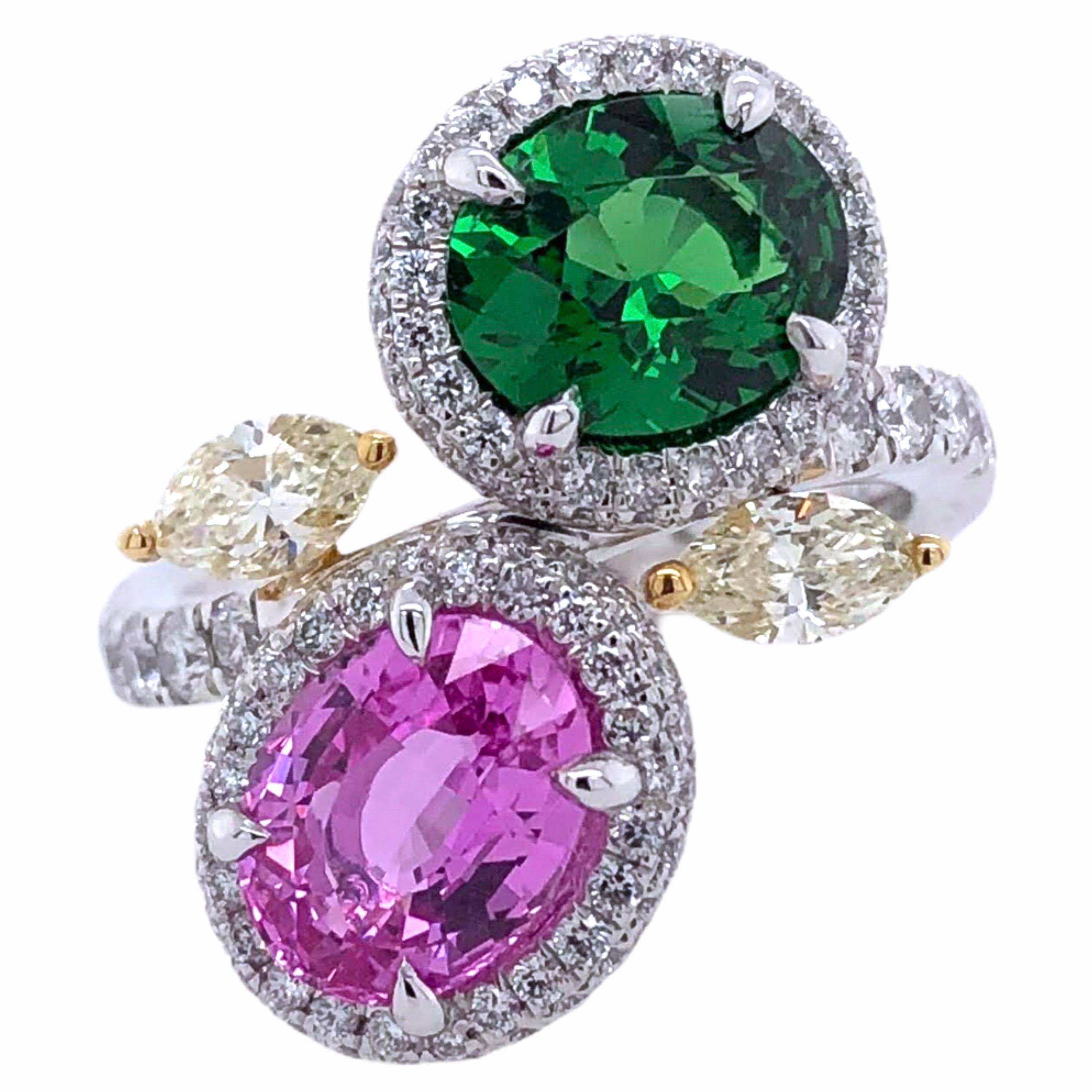 PARIS Craft House 2.02ct Pink Sapphire 1.66ct Green Garnet Diamond Ring in Platinum and 18 Karat Yellow Gold.

- 1 Oval-cut Pink Sapphire/2.02ct
- 1 Oval-cut Green Garnet/1.66ct
- 2 Marquise-cut Yellow Diamonds/0.47ct
- Round Diamonds/0.77ct
-