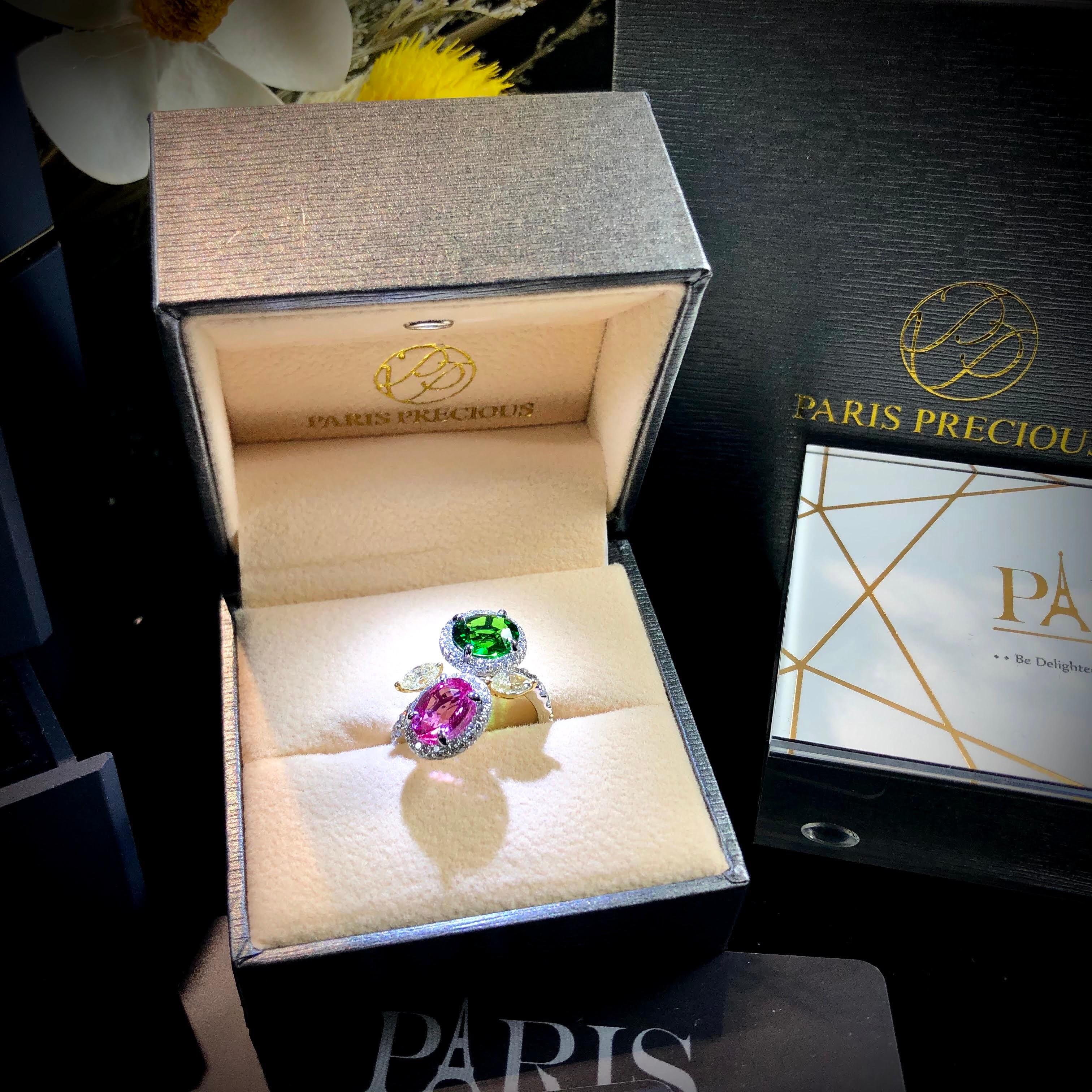 Modern Paris Craft House 2.02ct Pink Sapphire 1.66ct Green Garnet Yellow Diamond Ring For Sale