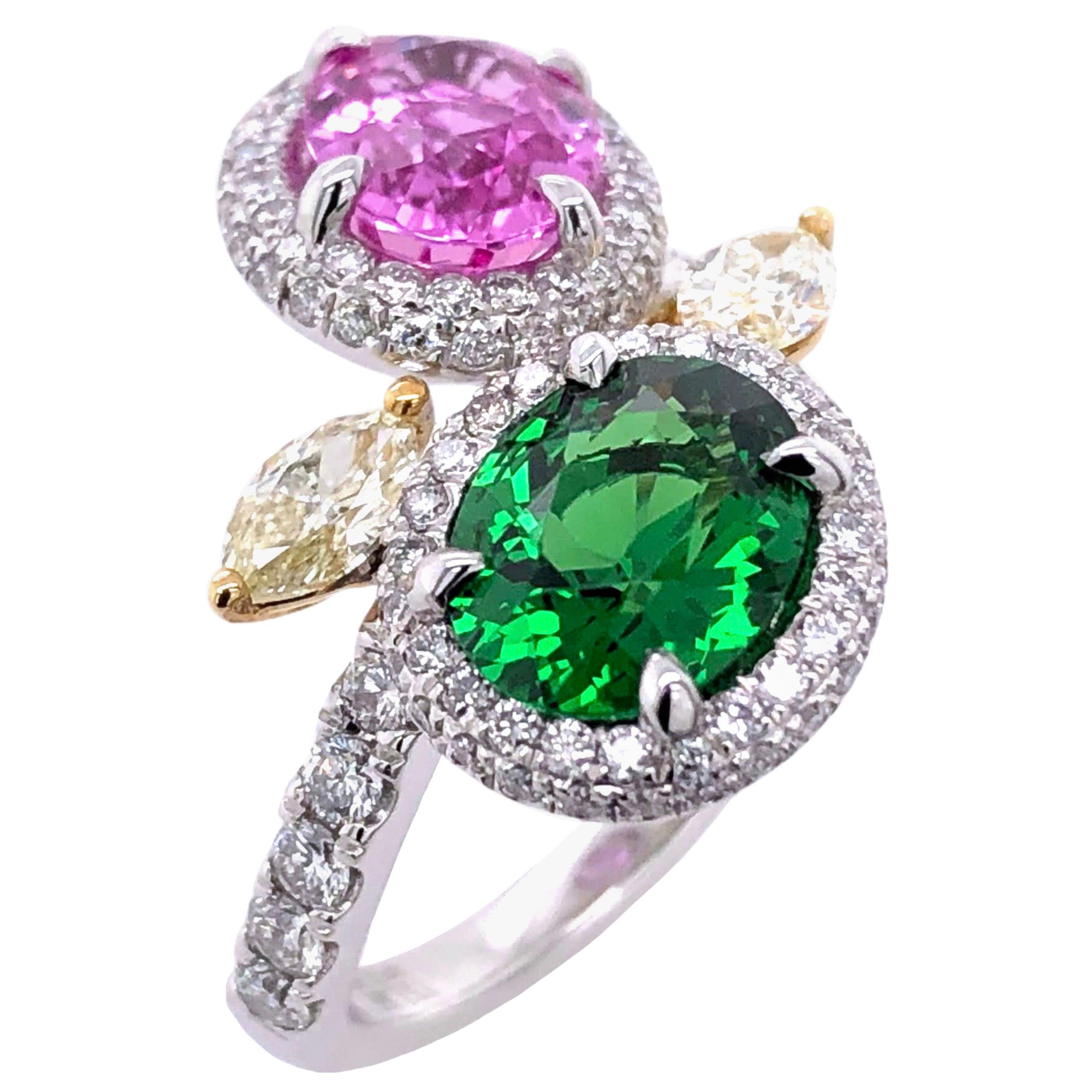 Paris Craft House 2.02ct Pink Sapphire 1.66ct Green Garnet Yellow Diamond Ring For Sale