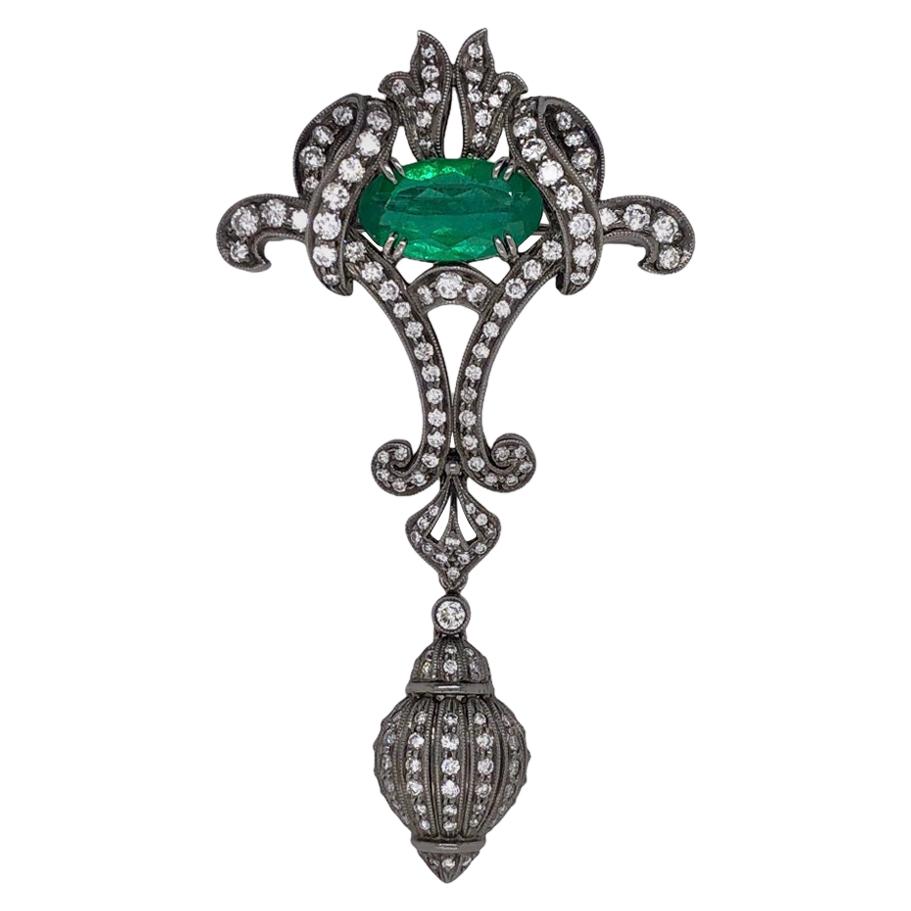 Paris Craft House 2.16 Carat GRS Emerald Diamond Brooch/Pendant in Platinum For Sale