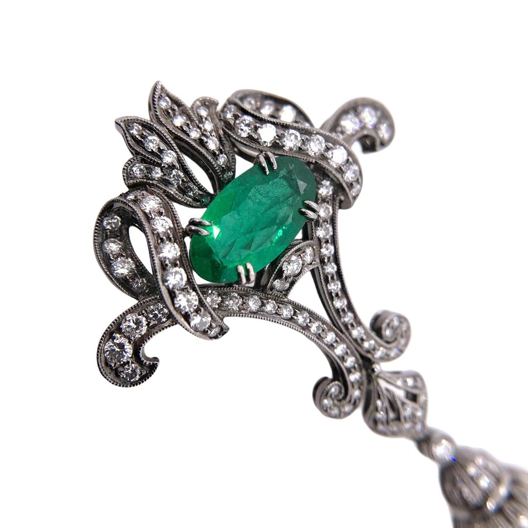 Art Deco Paris Craft House 2.16 Carat GRS Emerald Diamond Brooch/Pendant in Platinum For Sale