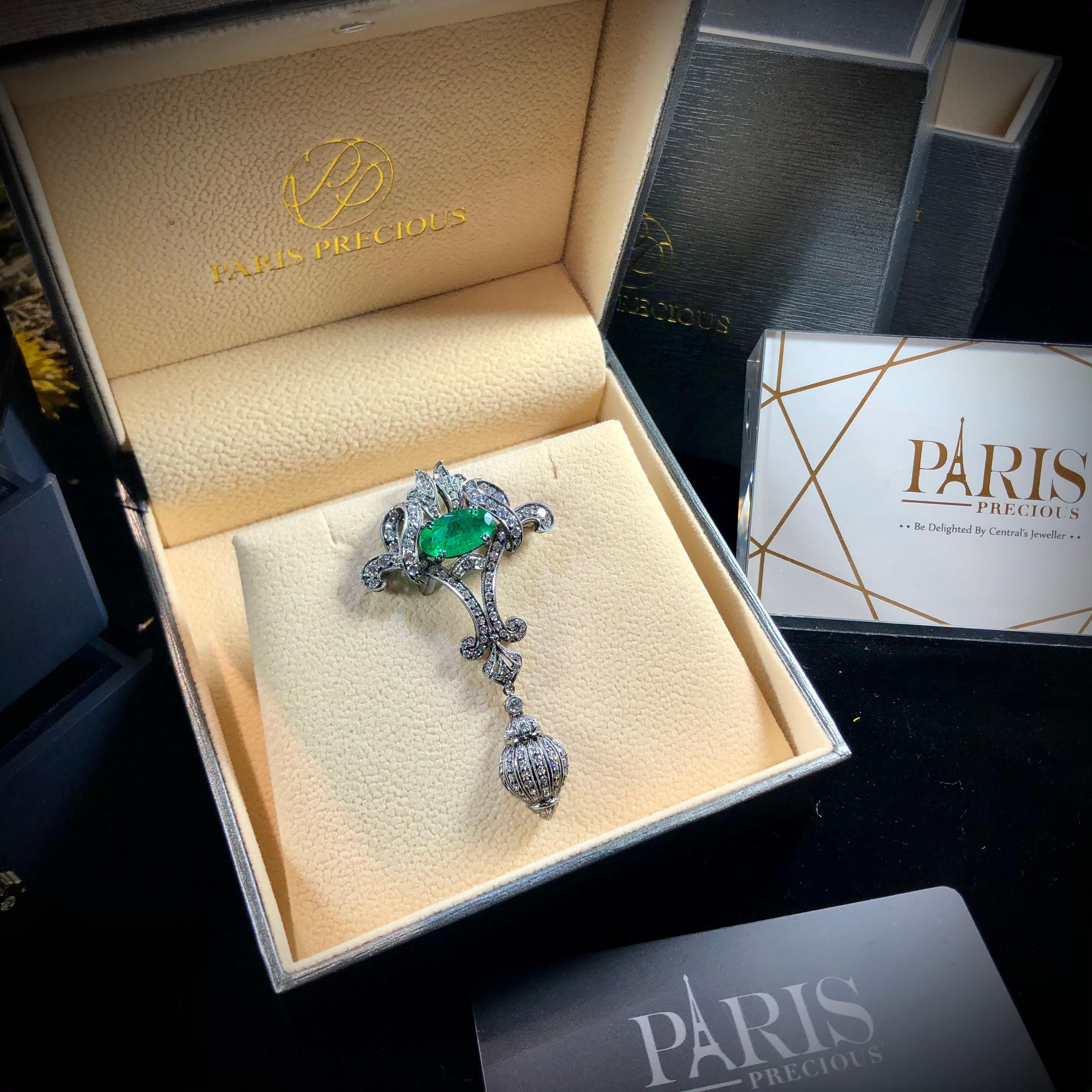 Paris Craft House 2.16 Carat GRS Emerald Diamond Brooch/Pendant in Platinum For Sale 2