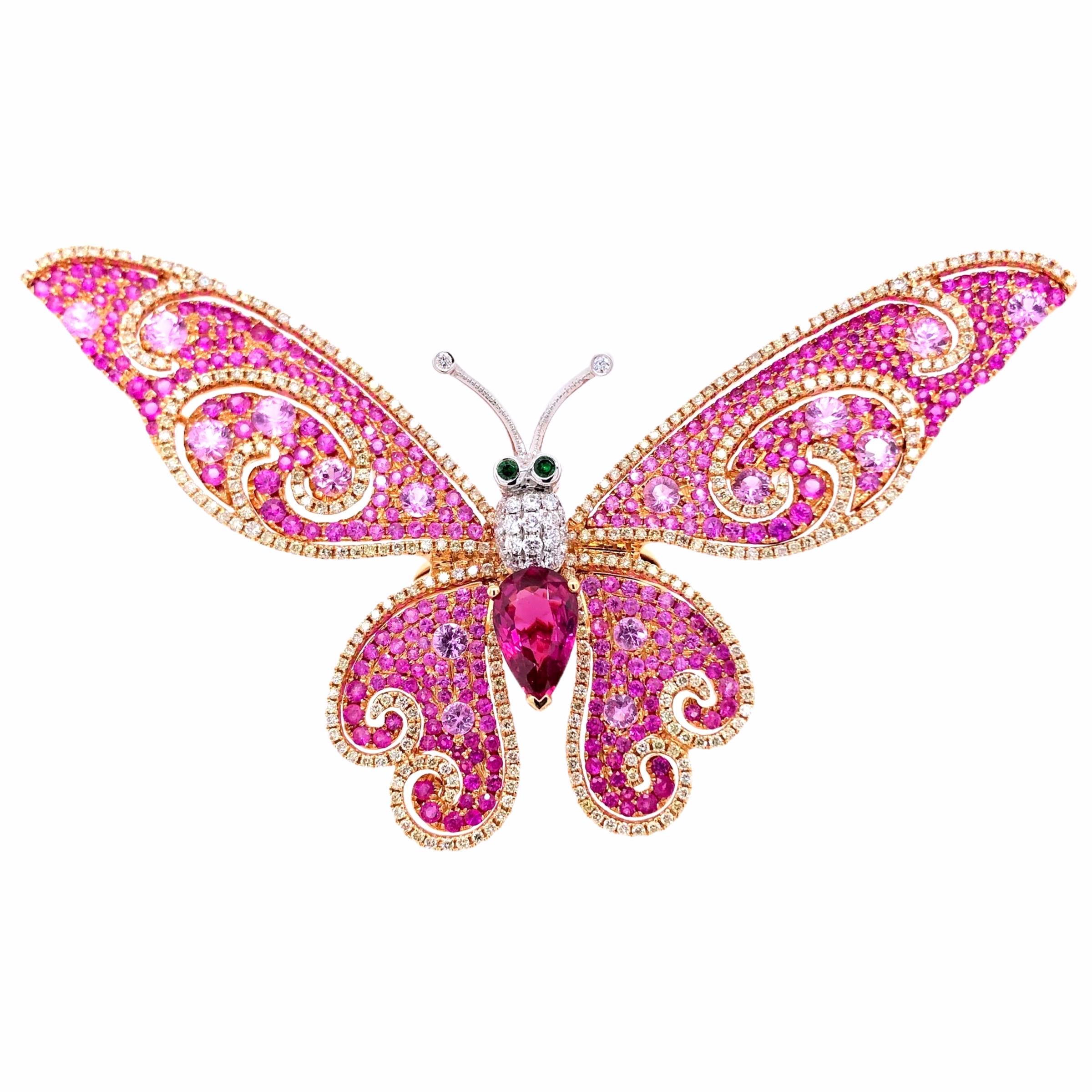 PARIS Craft House 2.19ct Unheated Ruby Sapphire Diamond Garnet Butterfly Ring in 18 Karat Rose Gold. These stunning wings are crafted with mechanical movements, small twitch of the finger allows the butterfly to flap its wings in beautiful