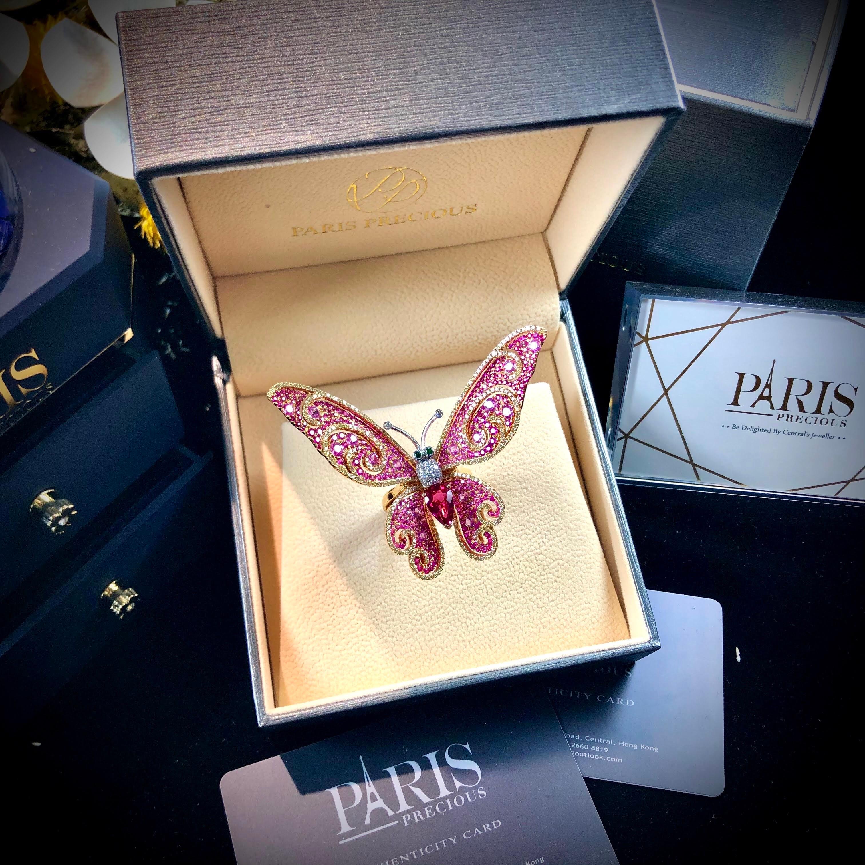 Modern Paris Craft House 2.19ct Unheated Ruby Sapphire Diamond Butterfly Ring in Gold For Sale