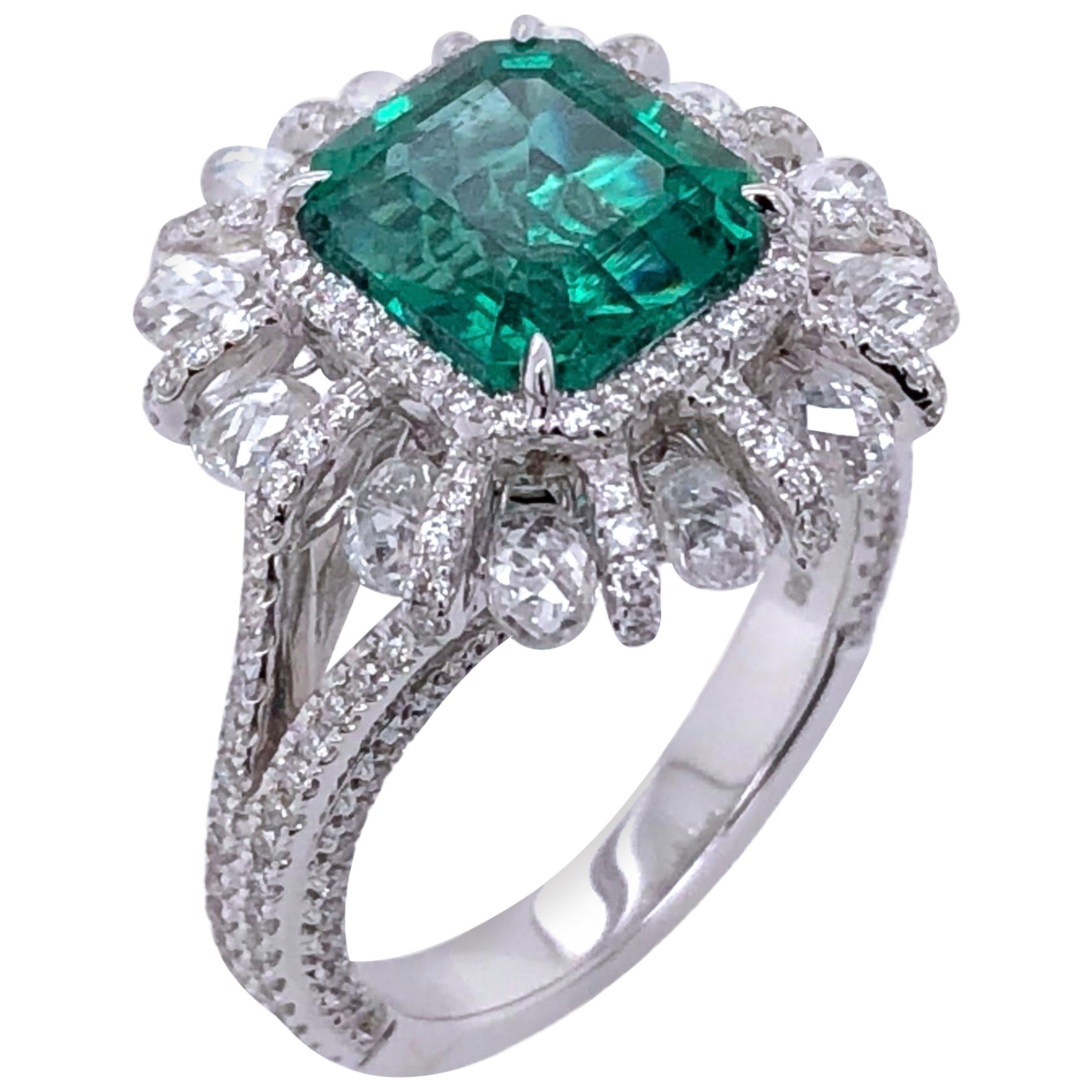 Paris Craft House 2.98 Carat Emerald Diamond Ring in 18 Karat White Gold For Sale