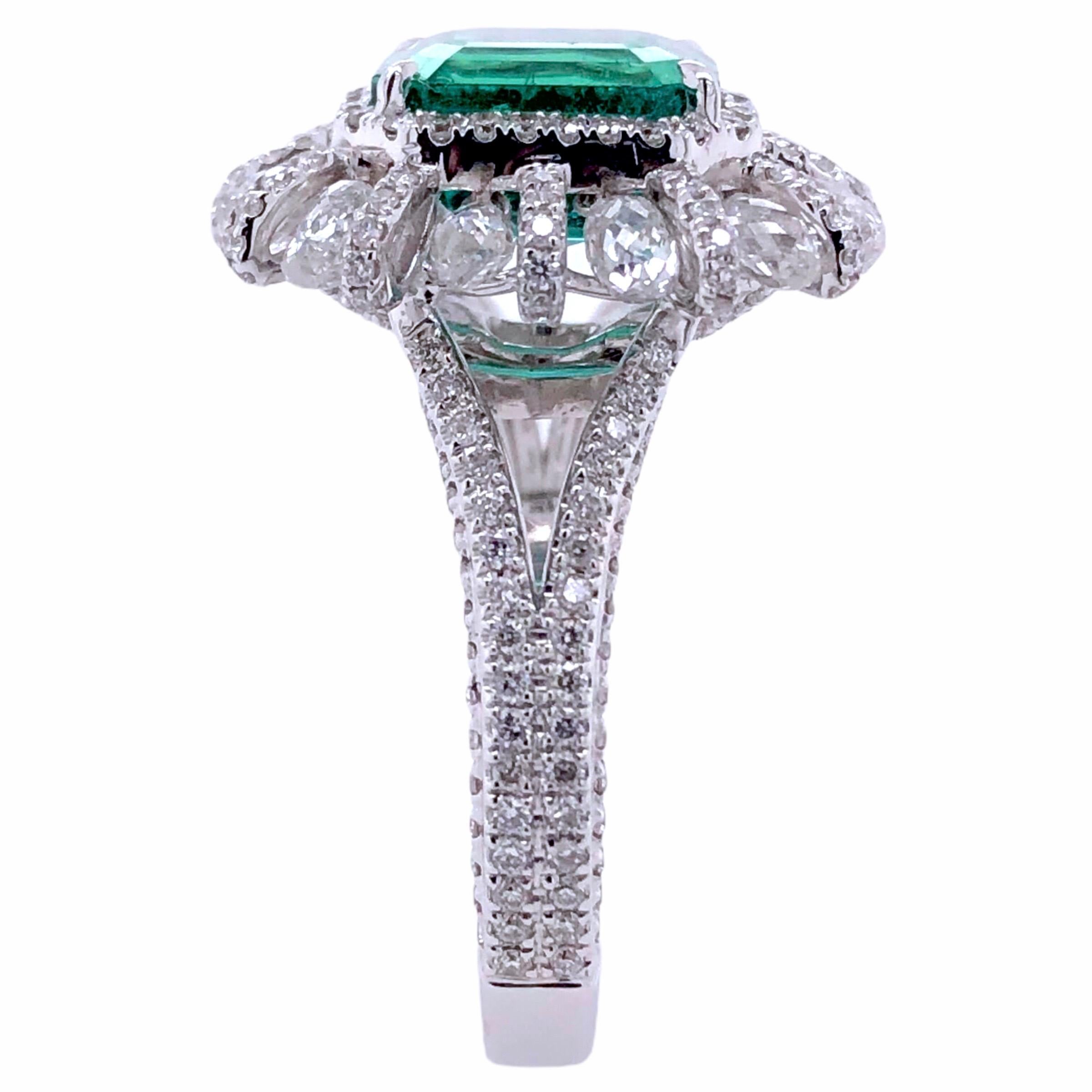 Art Deco Paris Craft House 2.98 Carat Emerald Diamond Ring in 18 Karat White Gold For Sale