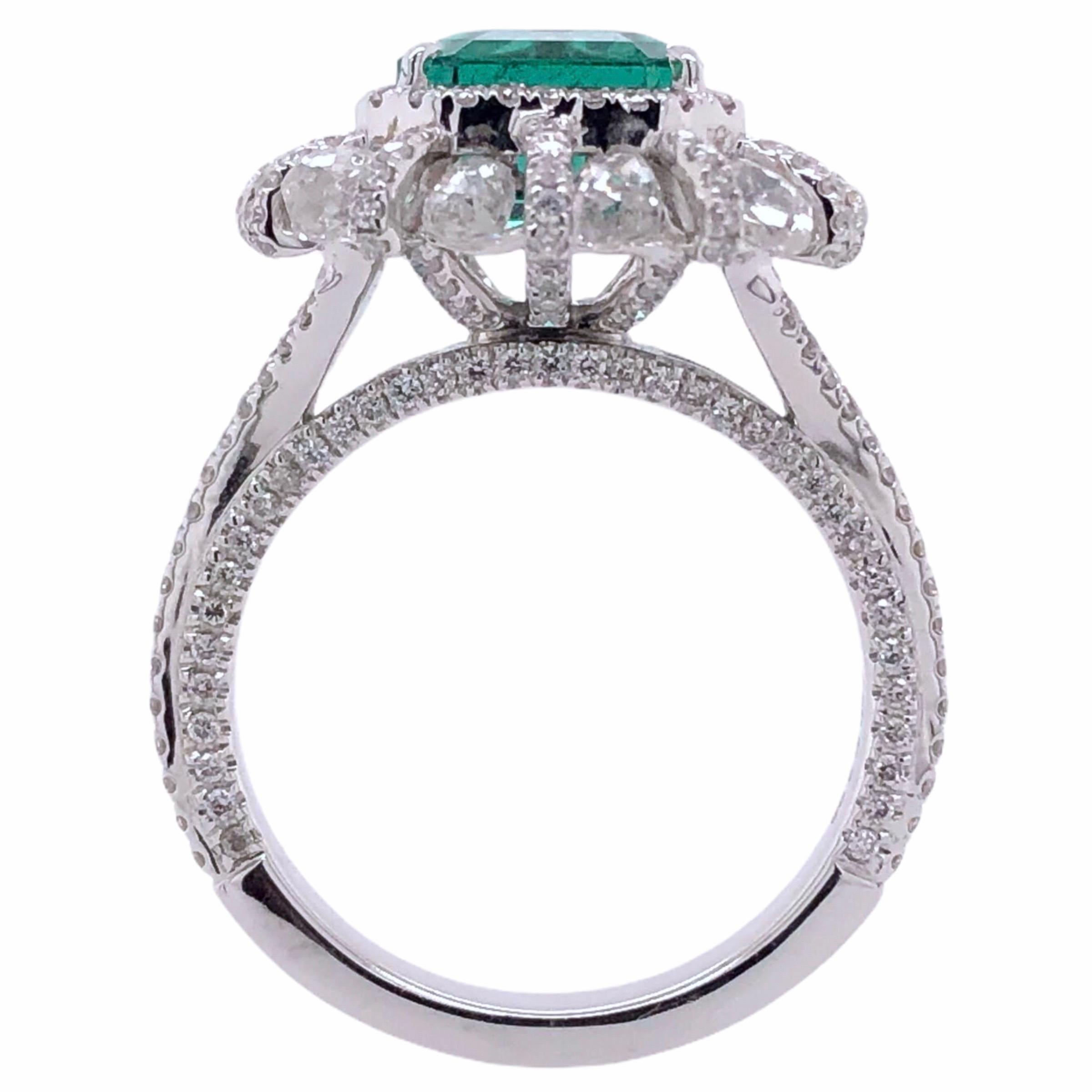 Cushion Cut Paris Craft House 2.98 Carat Emerald Diamond Ring in 18 Karat White Gold For Sale