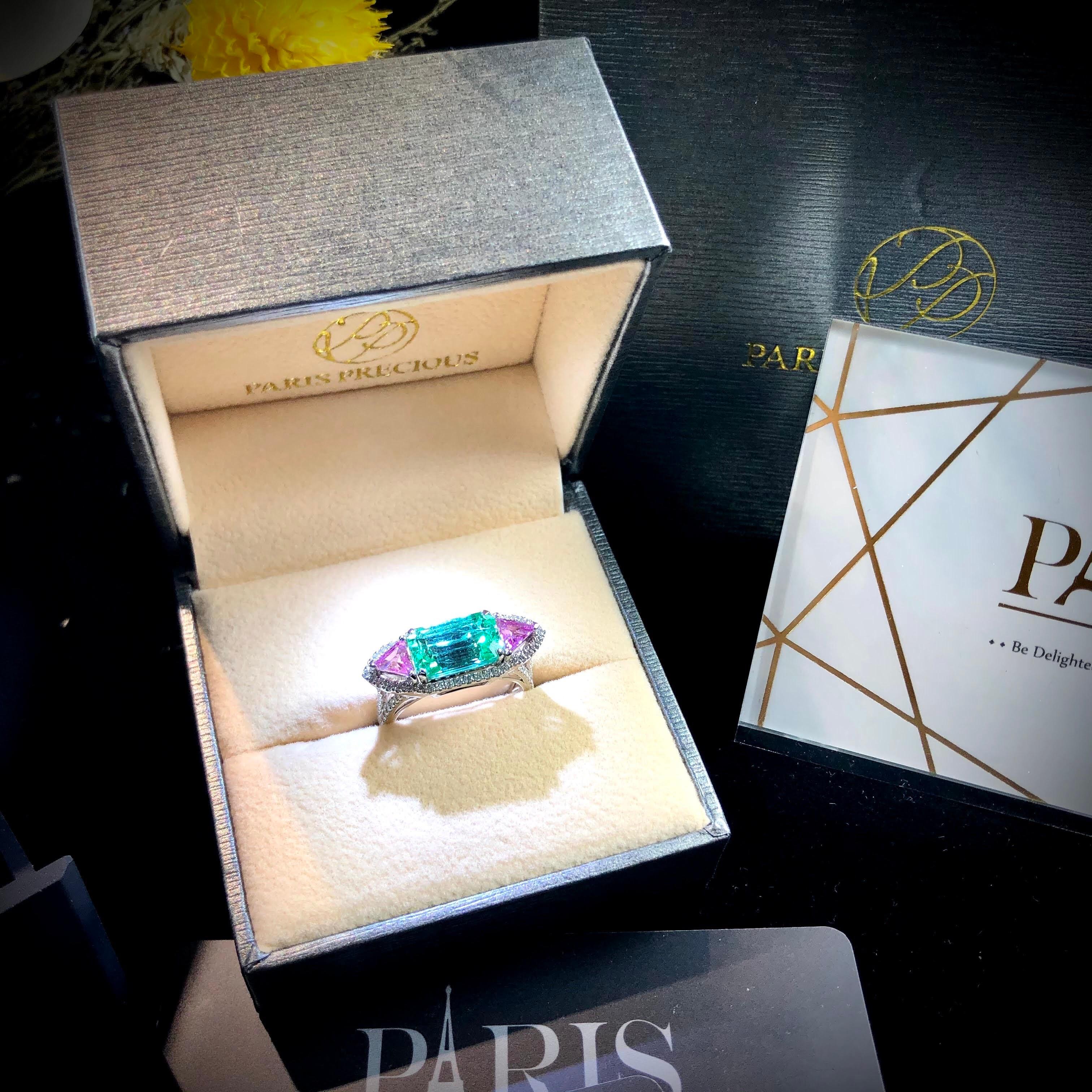 Women's or Men's Paris Craft House 3.24 Carat GRS Certified Emerald Pink Sapphire Diamond Ring For Sale