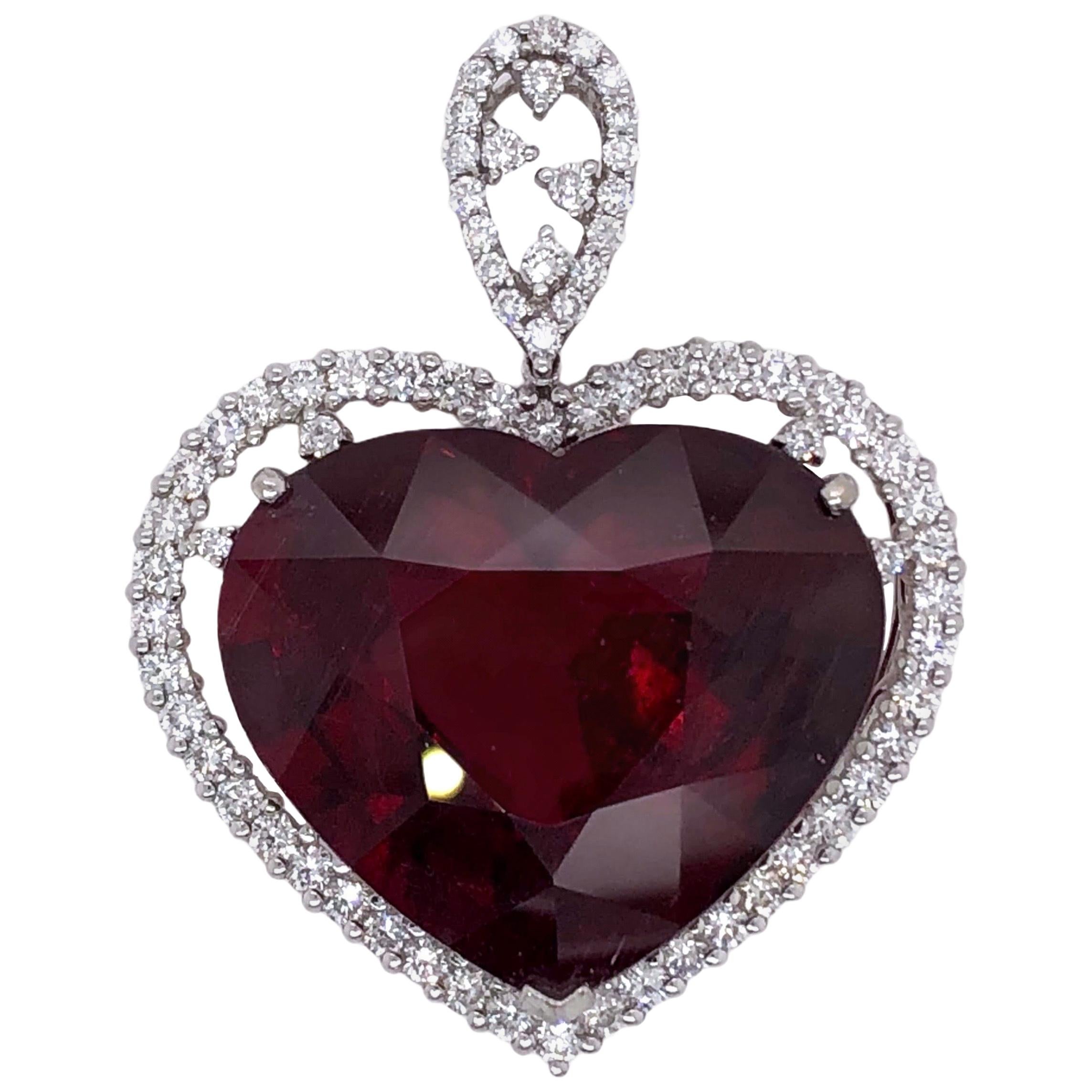 Paris Craft House 35.21 Carat Rubellite Diamond Heart Pendant in 18 Karat Gold For Sale