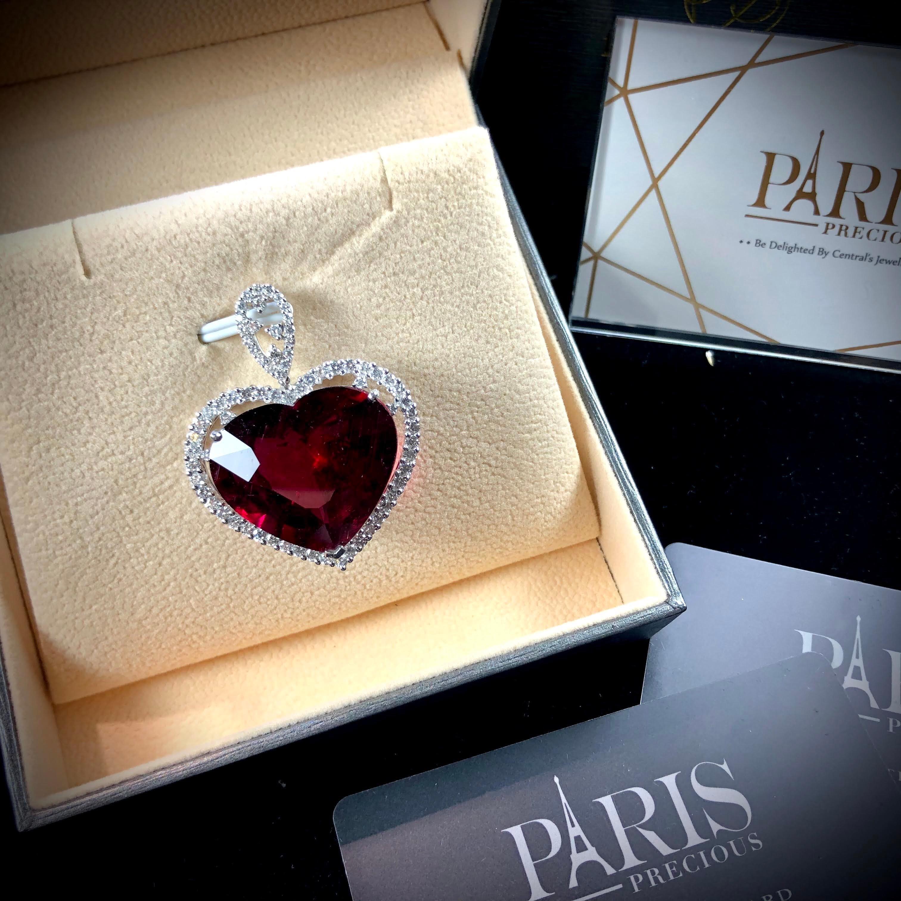 Victorian Paris Craft House 35.21 Carat Rubellite Diamond Heart Pendant in 18 Karat Gold For Sale