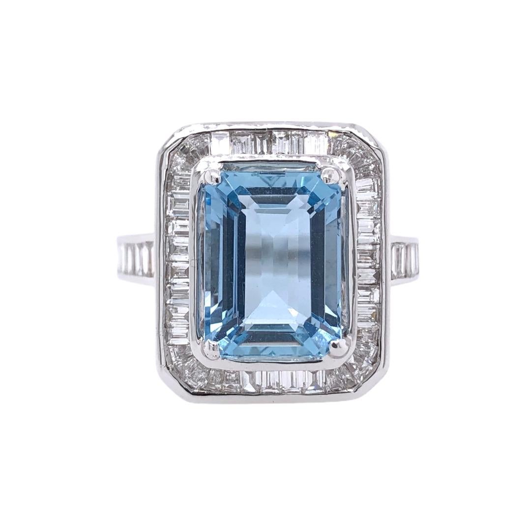 PARIS Craft House 3.63ct Aquamarine Diamond Ring in 18 Karat White Gold.

- 1 Emerald-cut Aquamarine/3.63ct
- 61 Round Diamonds/1.01ct
- 18K White Gold/7.76g

Designed and crafted at PARIS Craft House.