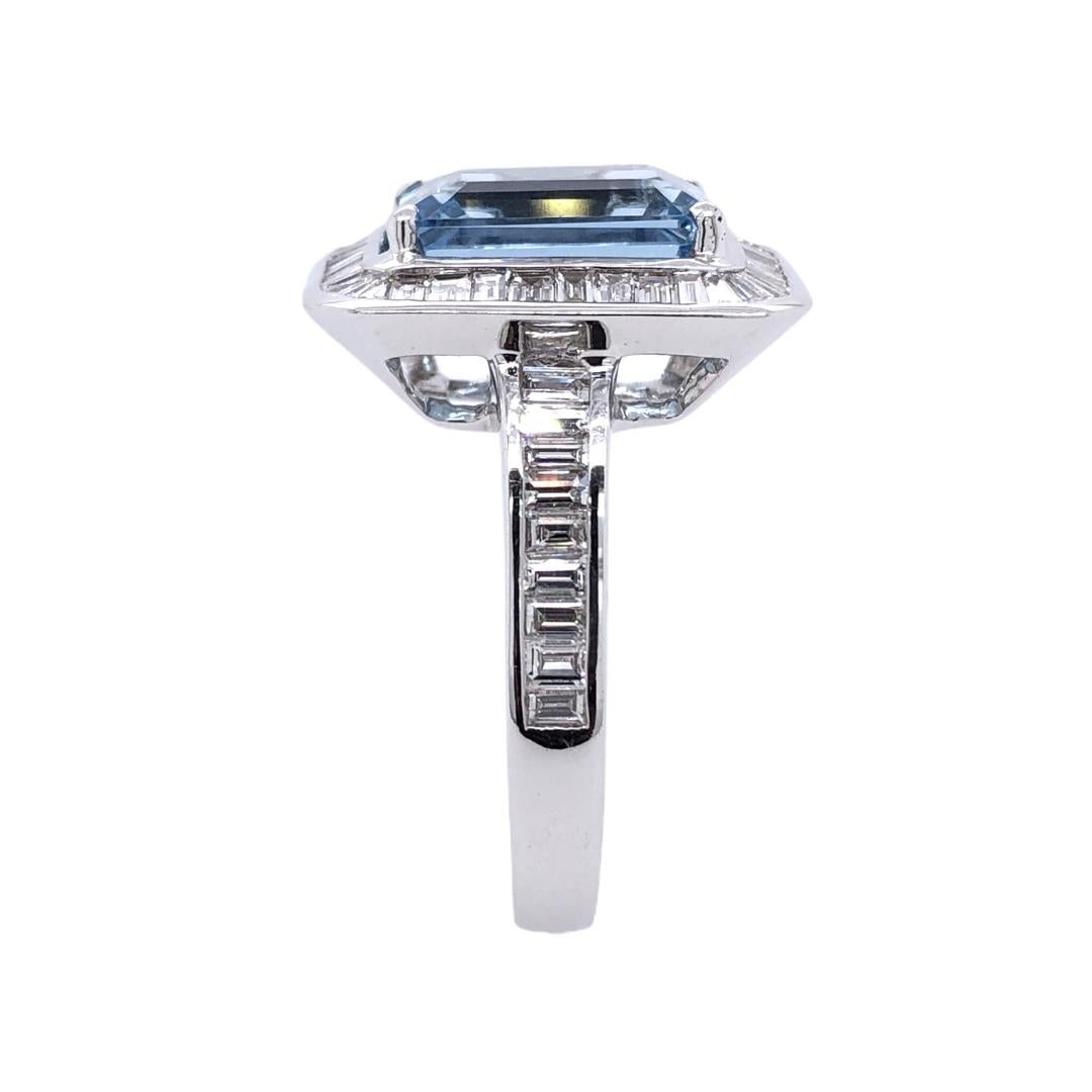 Emerald Cut Paris Craft House 3.63 Carat Aquamarine Diamond Ring in 18 Karat White Gold For Sale