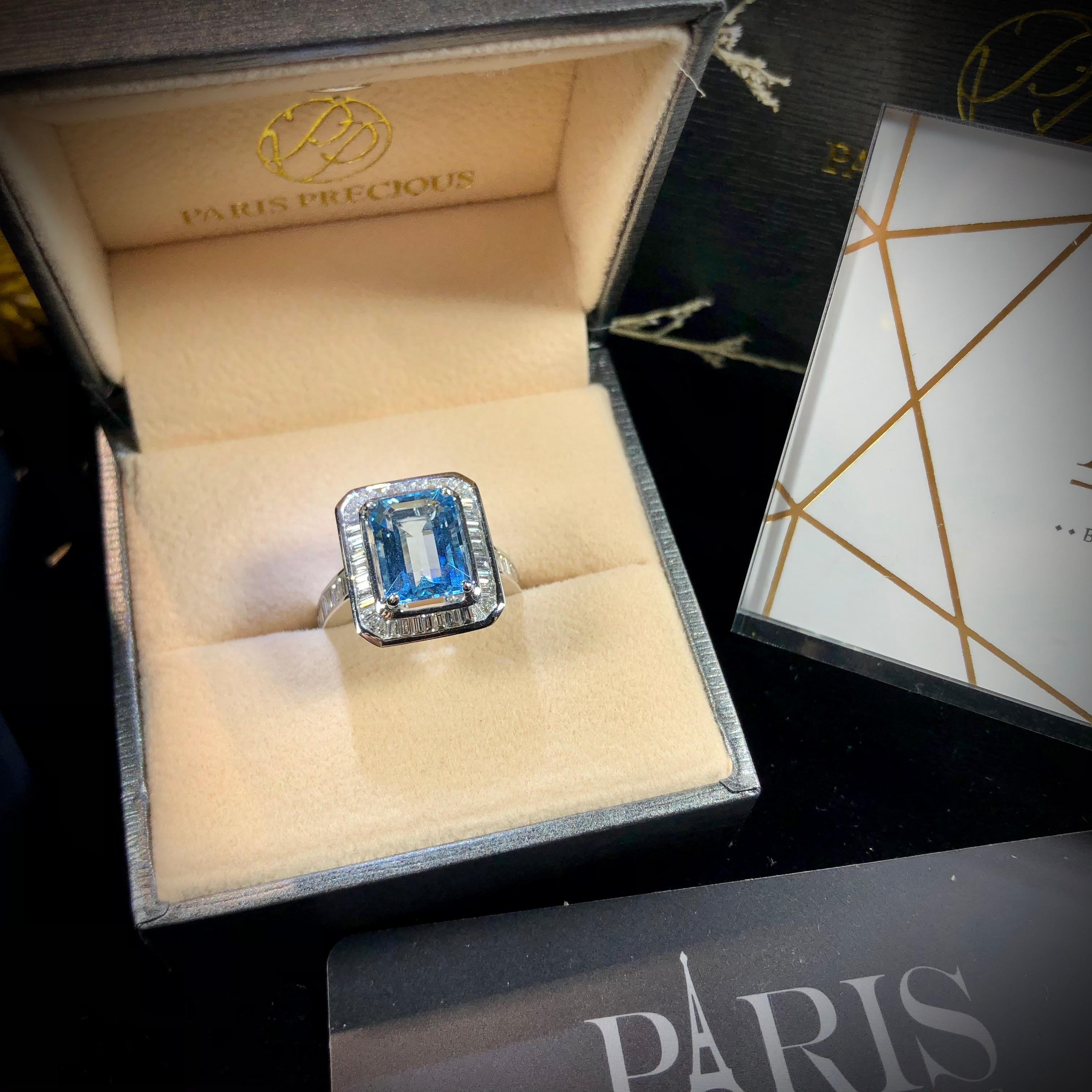 Paris Craft House 3.63 Carat Aquamarine Diamond Ring in 18 Karat White Gold For Sale 2
