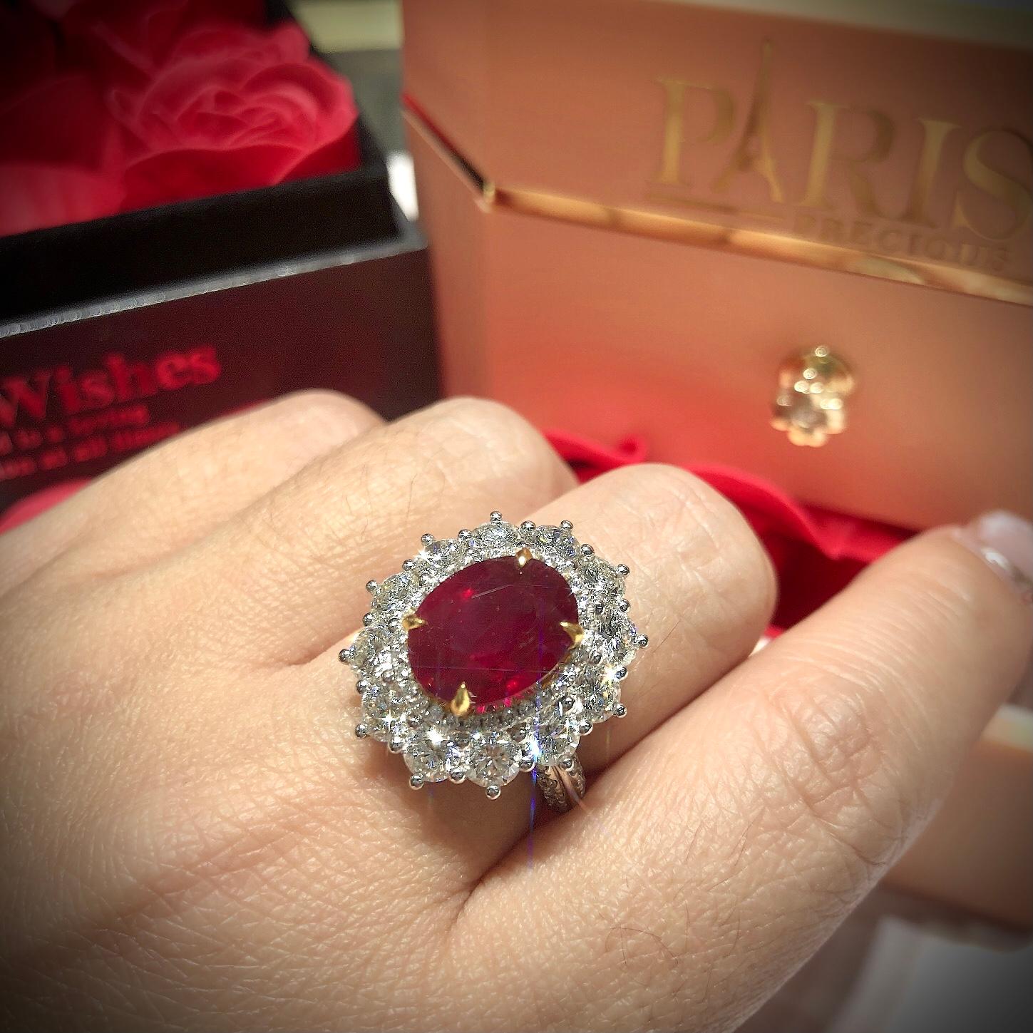 Paris Craft House 4.18 Carat GRS Mozambique Ruby Diamond Ring in Platinum For Sale 1