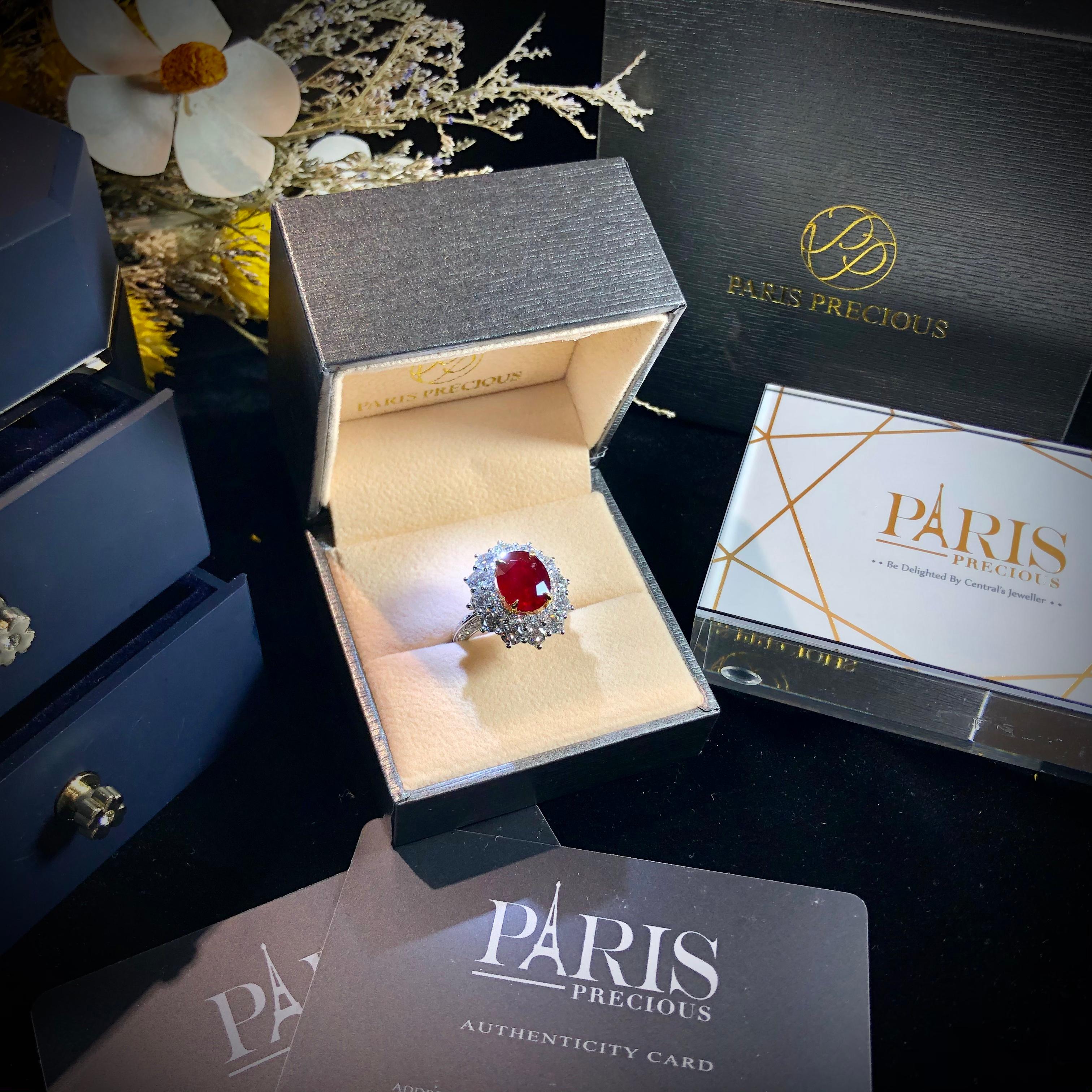 Paris Craft House 4.18 Carat GRS Mozambique Ruby Diamond Ring in Platinum For Sale 3