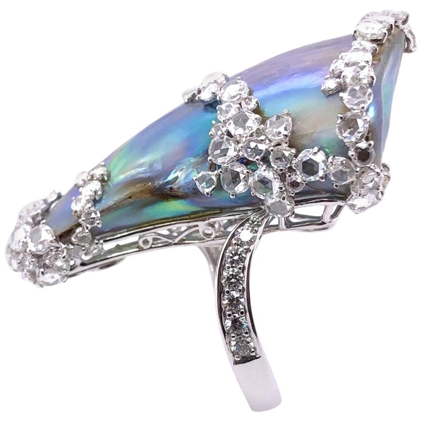 Paris Craft House 49.68 Carat GIA Abalone Pearl Diamond Ring in 18 Karat Gold For Sale