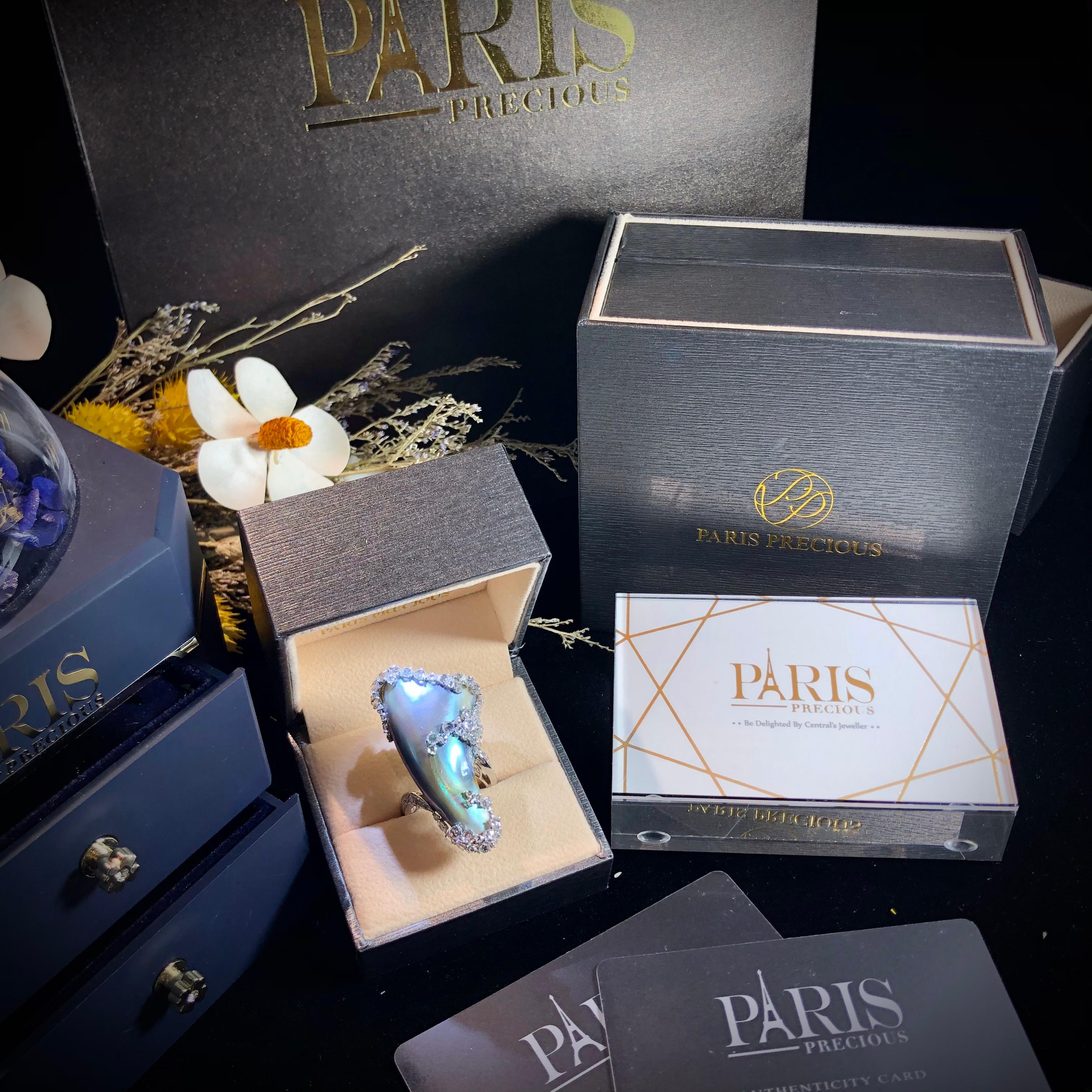 Paris Craft House 49.68 Carat GIA Abalone Pearl Diamond Ring in 18 Karat Gold For Sale 3