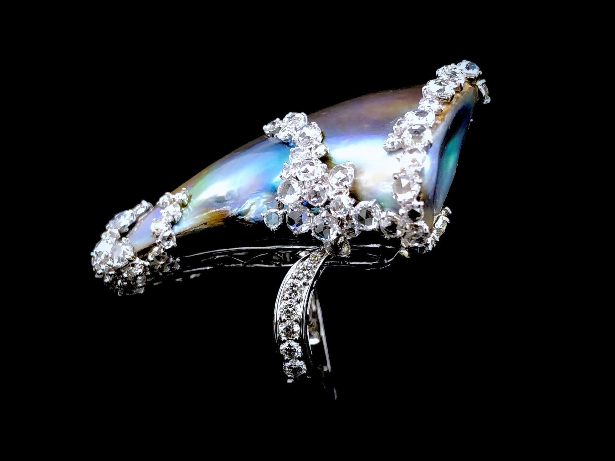 Rose Cut Paris Craft House 49.68 Carat GIA Abalone Pearl Diamond Ring in 18 Karat Gold For Sale