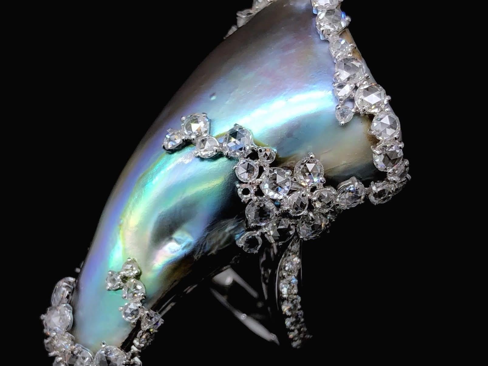 Women's Paris Craft House 49.68 Carat GIA Abalone Pearl Diamond Ring in 18 Karat Gold For Sale