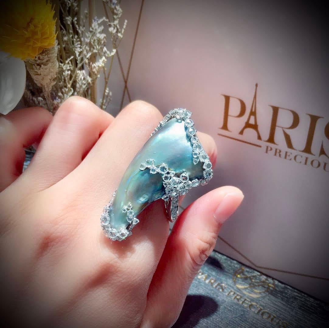 Paris Craft House 49.68 Carat GIA Abalone Pearl Diamond Ring in 18 Karat Gold For Sale 1