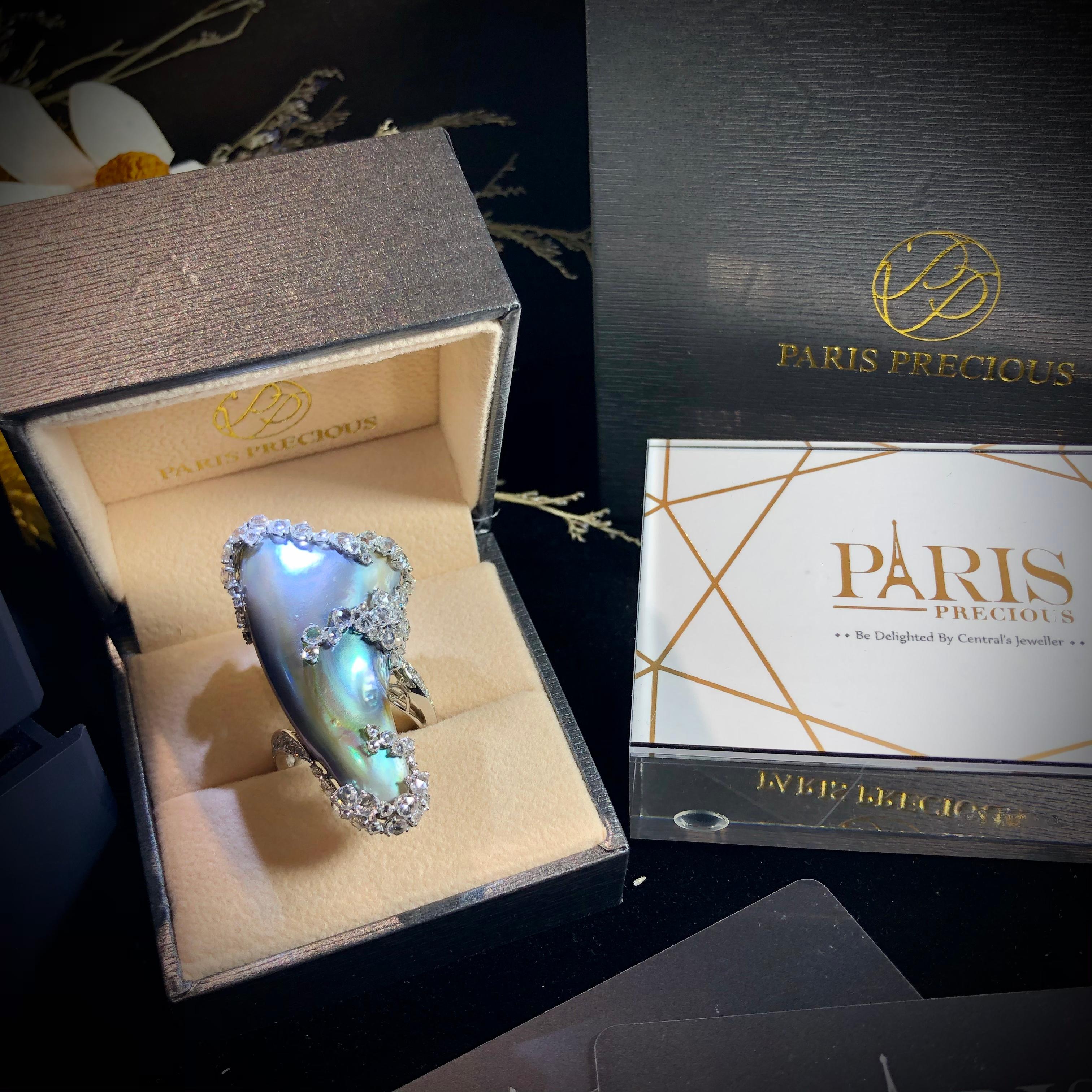 Paris Craft House 49.68 Carat GIA Abalone Pearl Diamond Ring in 18 Karat Gold For Sale 2