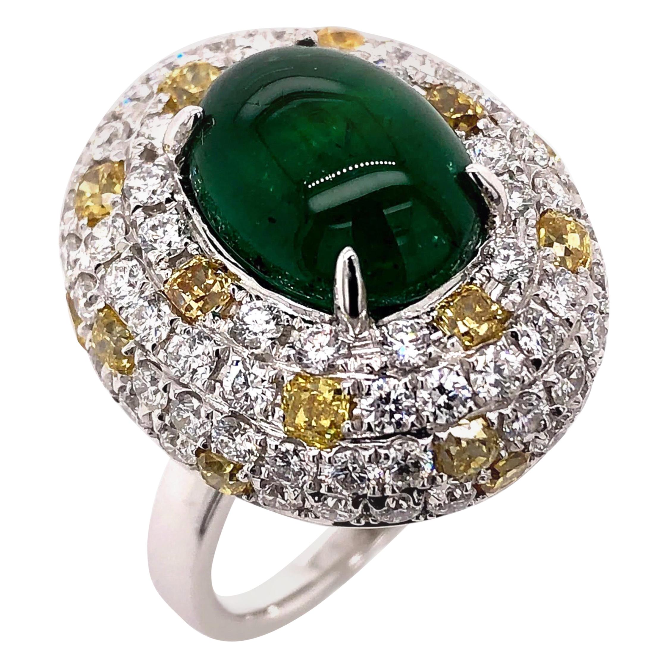 Paris Craft House 5.31 Carat Cabochon Emerald Yellow Diamond Ring in 18K Gold For Sale