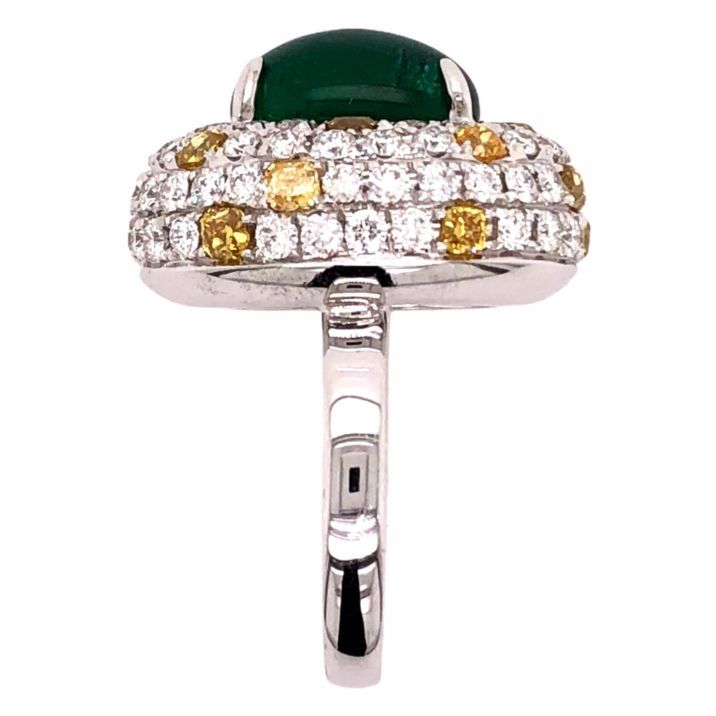 High Victorian Paris Craft House 5.31 Carat Cabochon Emerald Yellow Diamond Ring in 18K Gold For Sale