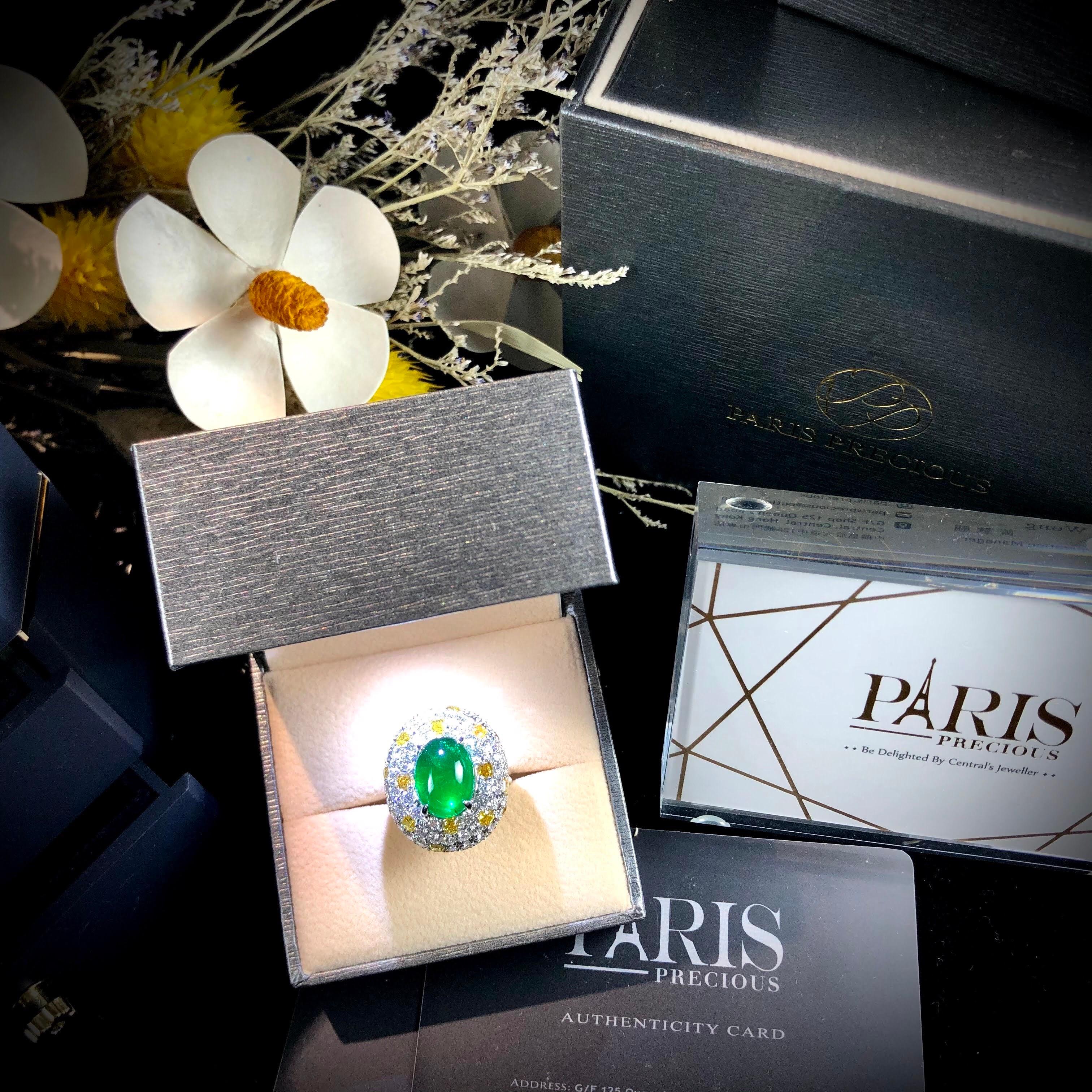 Paris Craft House 5.31 Carat Cabochon Emerald Yellow Diamond Ring in 18K Gold For Sale 1