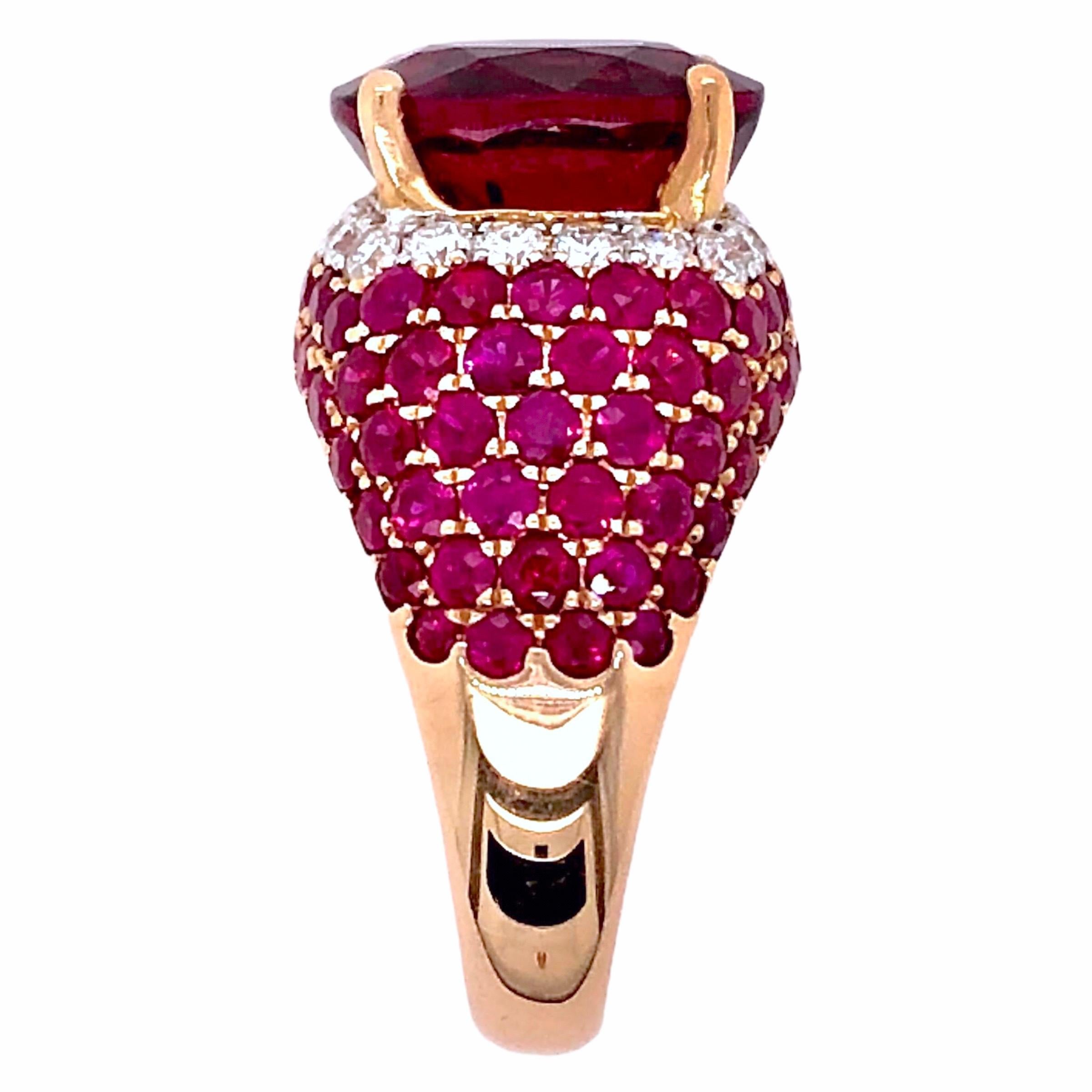 Modern Paris Craft House 6.21 Carat Rubellite Ruby Diamond Ring in 18 Karat Rose Gold For Sale