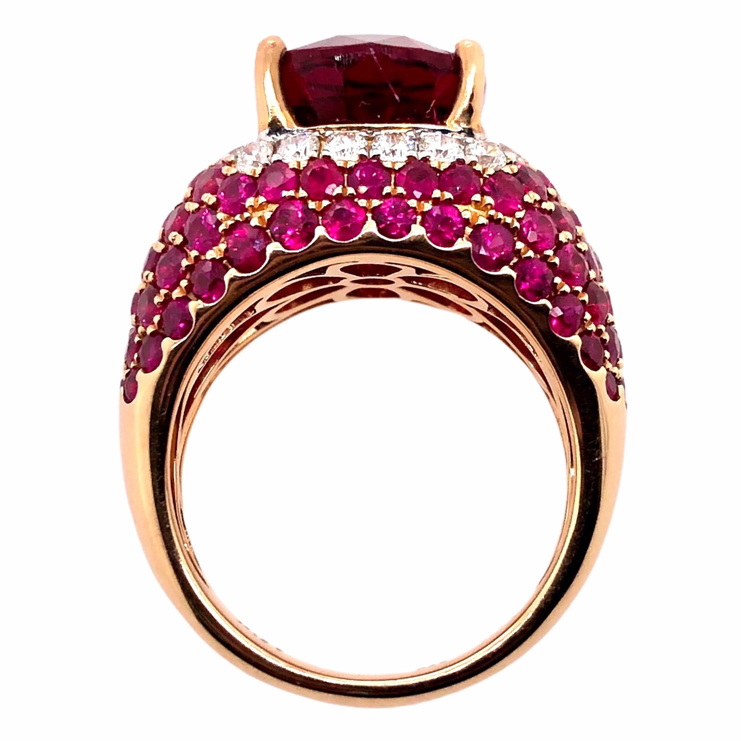 Oval Cut Paris Craft House 6.21 Carat Rubellite Ruby Diamond Ring in 18 Karat Rose Gold For Sale