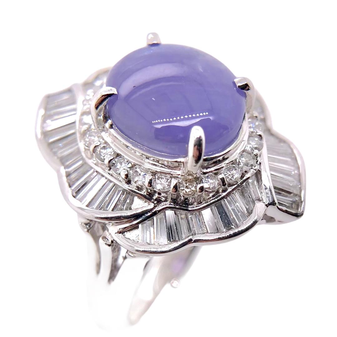 PARIS Craft House 6.43ct GRS Certified Unheated Cabochon Purple Star Sapphire Diamond Ring in Platinum.

- 1 GRS Certified Unheated Cabochon Purple Star Sapphire/6.43ct
- Baguette Diamonds/1.17ct
- PT900 Platinum/12.62g
- Ring Size US 5.5
