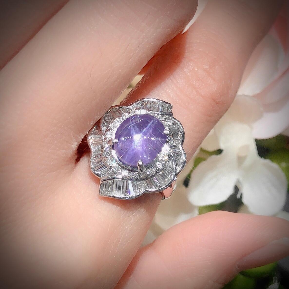Paris Craft House 6.43ct GRS Unheated Cabochon Purple Star Sapphire Diamond Ring In New Condition For Sale In Hong Kong, HK