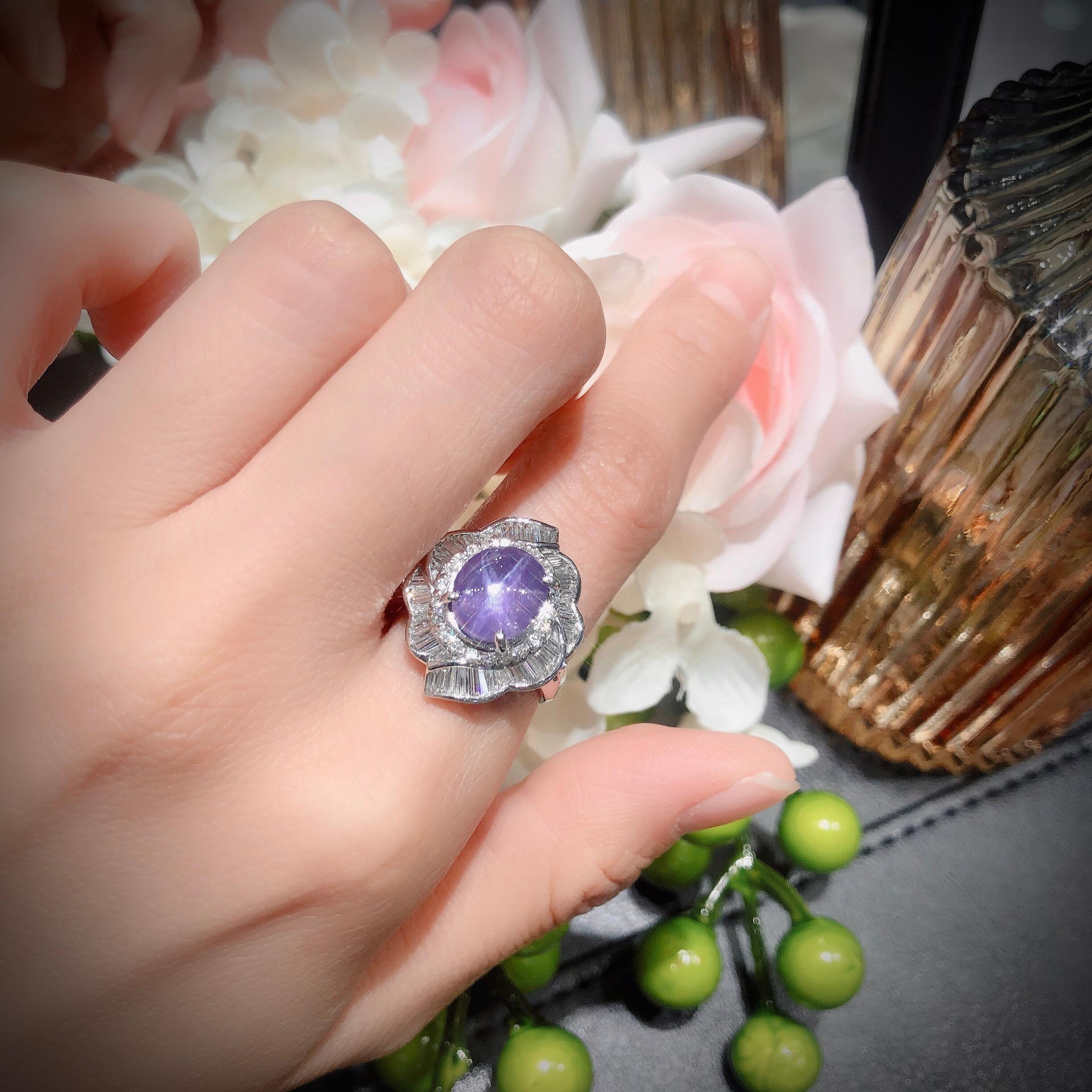 Women's Paris Craft House 6.43ct GRS Unheated Cabochon Purple Star Sapphire Diamond Ring For Sale