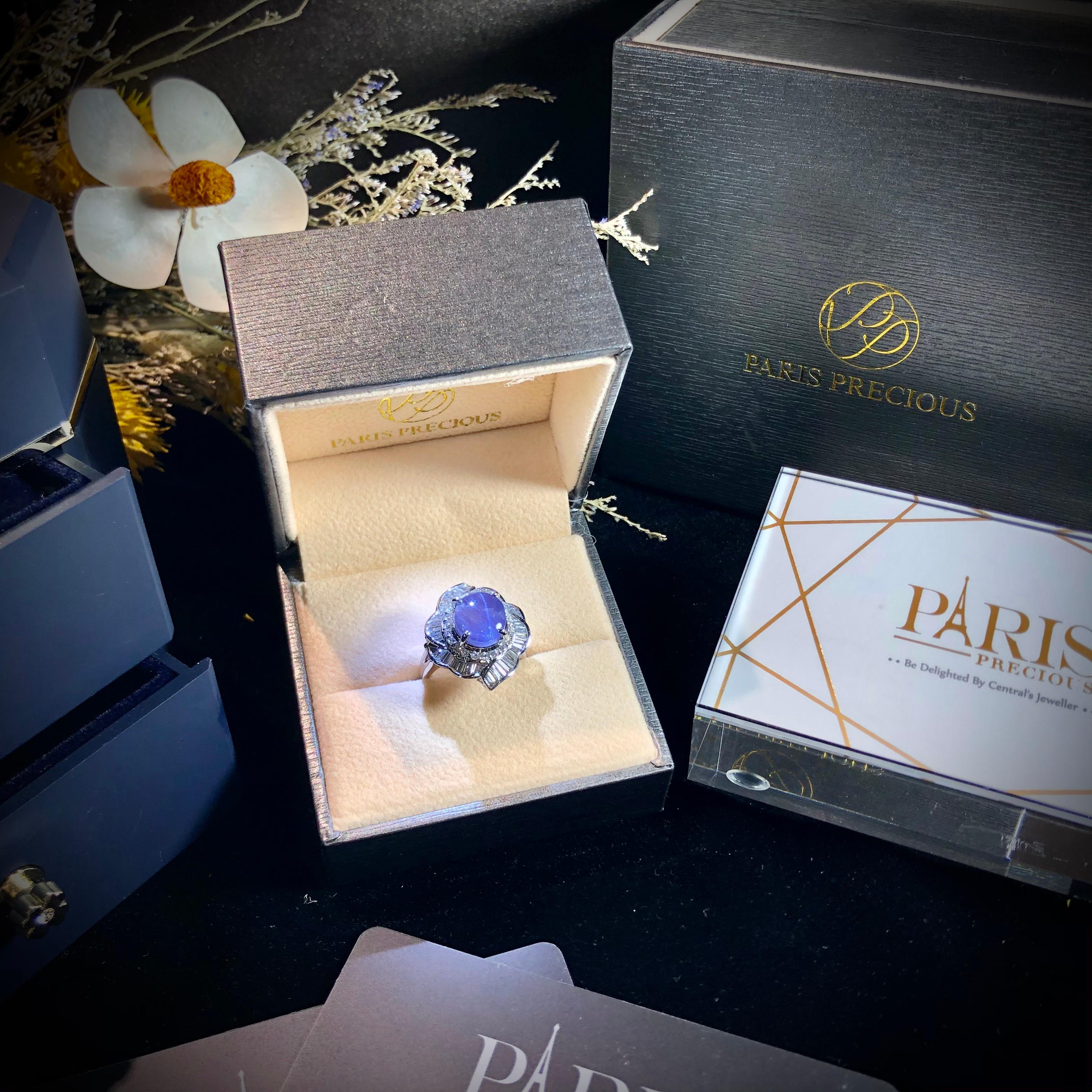 Paris Craft House 6.43ct GRS Unheated Cabochon Purple Star Sapphire Diamond Ring For Sale 1