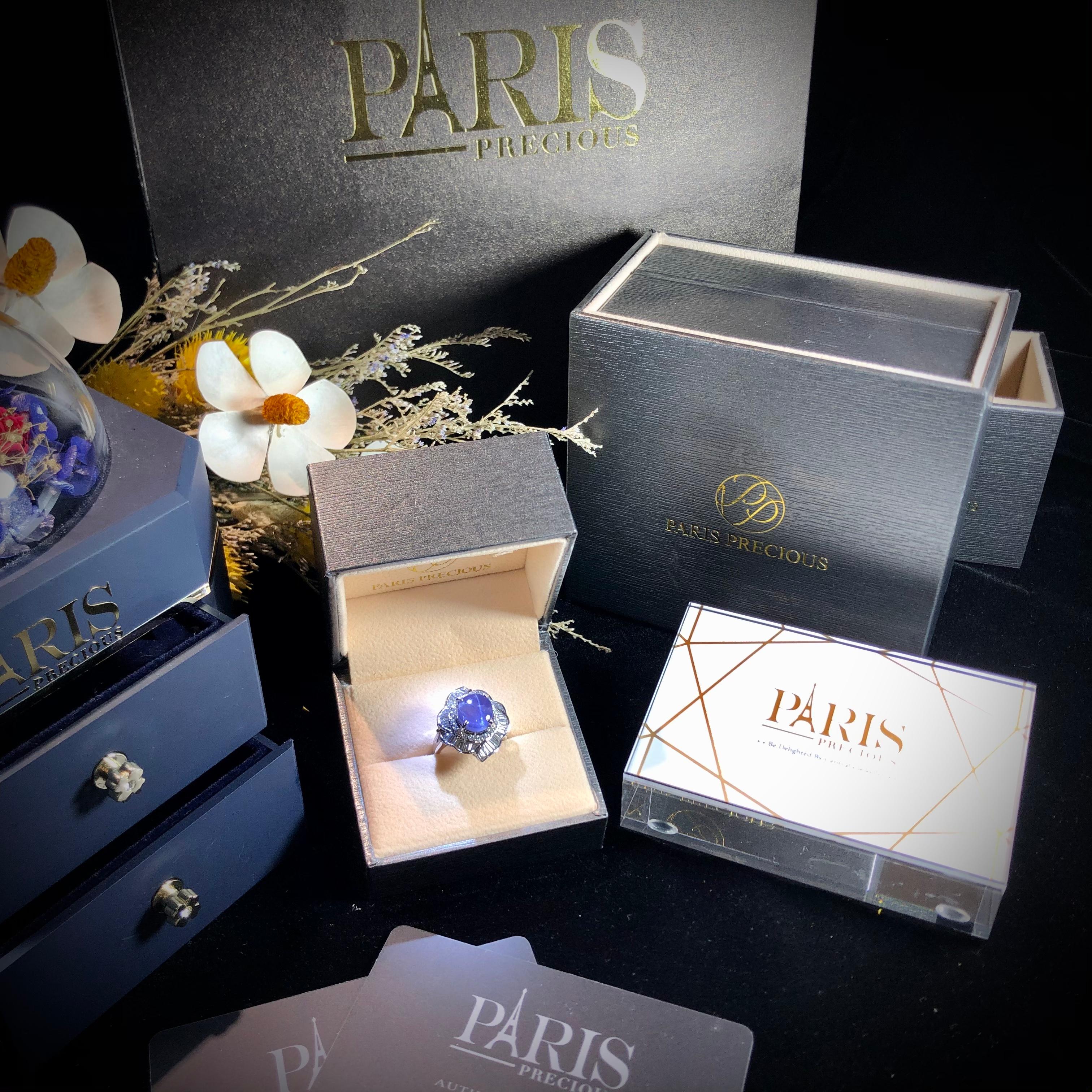 Paris Craft House 6.43ct GRS Unheated Cabochon Purple Star Sapphire Diamond Ring For Sale 2