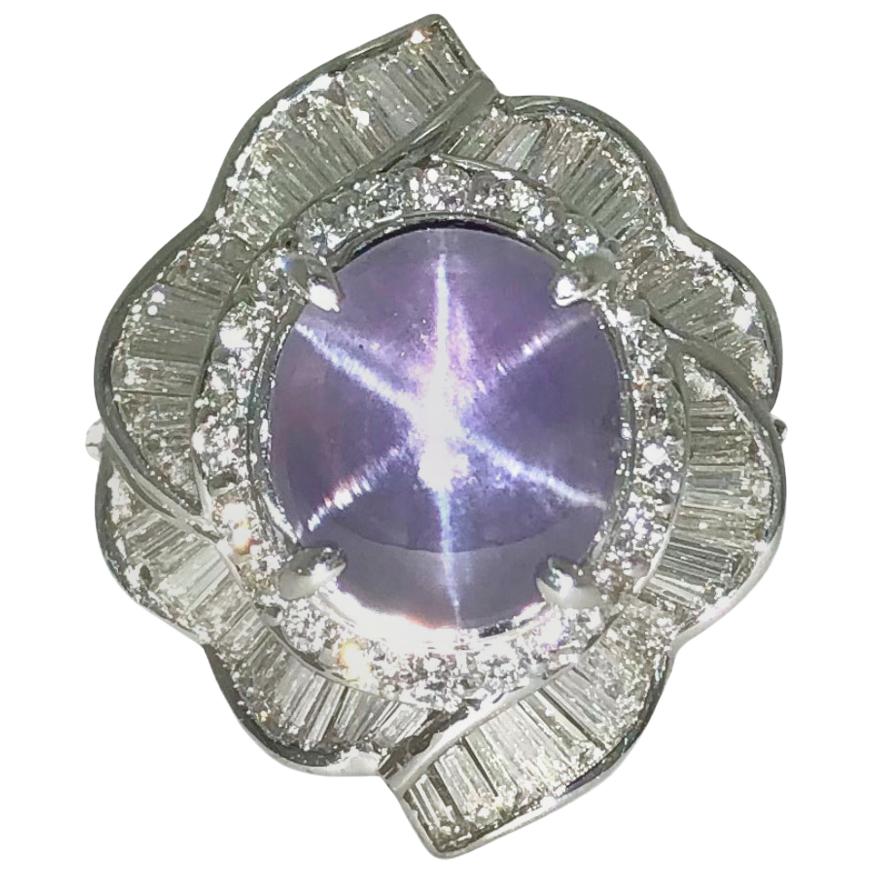 Paris Craft House 6.43ct GRS Unheated Cabochon Purple Star Sapphire Diamond Ring For Sale