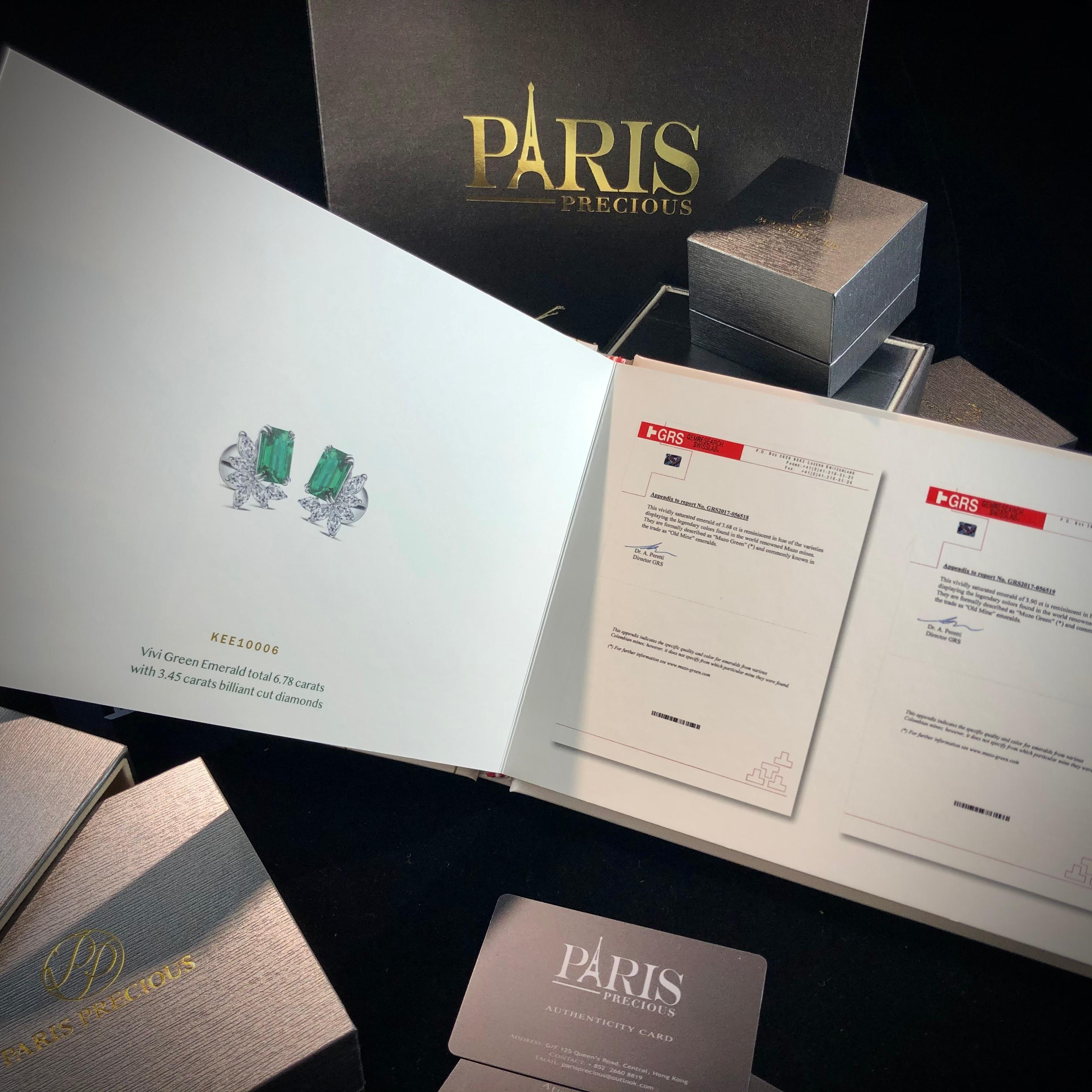 Women's Paris Craft House 7.58 Carat GRS Emerald Diamond Earrings in 18 Karat White Gold For Sale