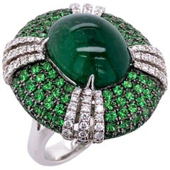 Paris Craft House 7.83 Carat Cabochon Emerald Green Garnet Diamond Ring in Gold